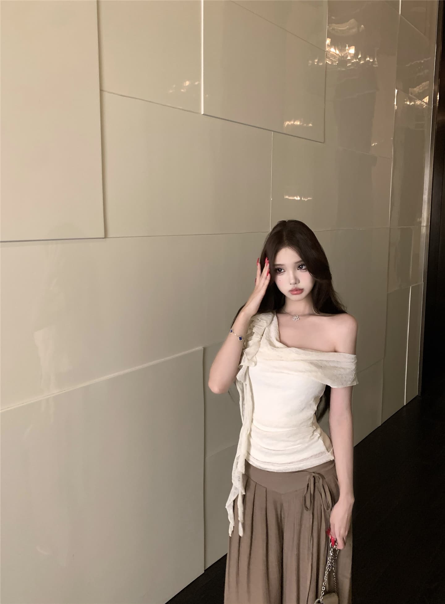 실사 흔들다 칼라 리본 꽃 비스듬한 어깨 반팔 티셔츠 여성 꼬집기 허리 다용도 캐주얼 펄럭 이는 길다 바지 투피스 세트 상세 이미지 6