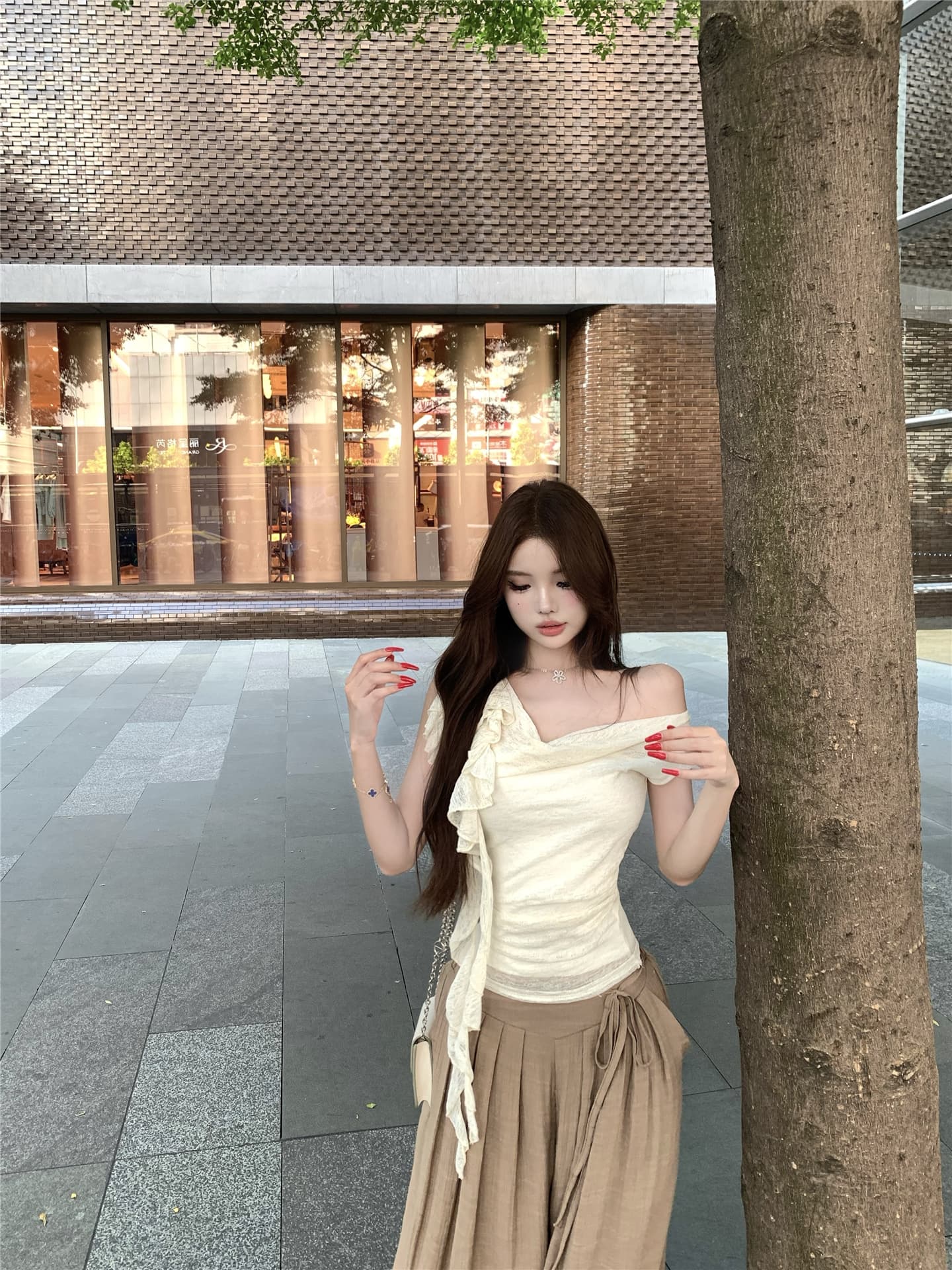 실사 흔들다 칼라 리본 꽃 비스듬한 어깨 반팔 티셔츠 여성 꼬집기 허리 다용도 캐주얼 펄럭 이는 길다 바지 투피스 세트 상세 이미지 7