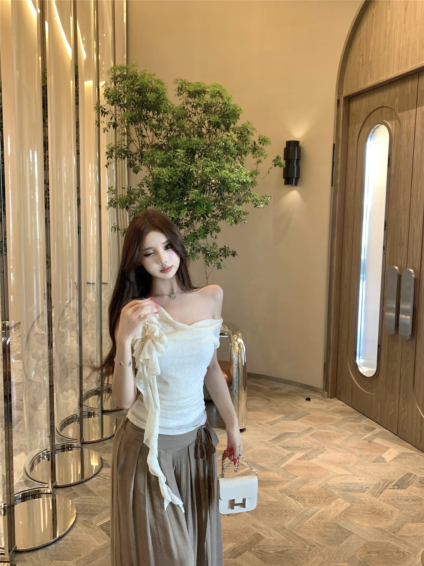 실사 흔들다 칼라 리본 꽃 비스듬한 어깨 반팔 티셔츠 여성 꼬집기 허리 다용도 캐주얼 펄럭 이는 길다 바지 투피스 세트 상세 이미지 8