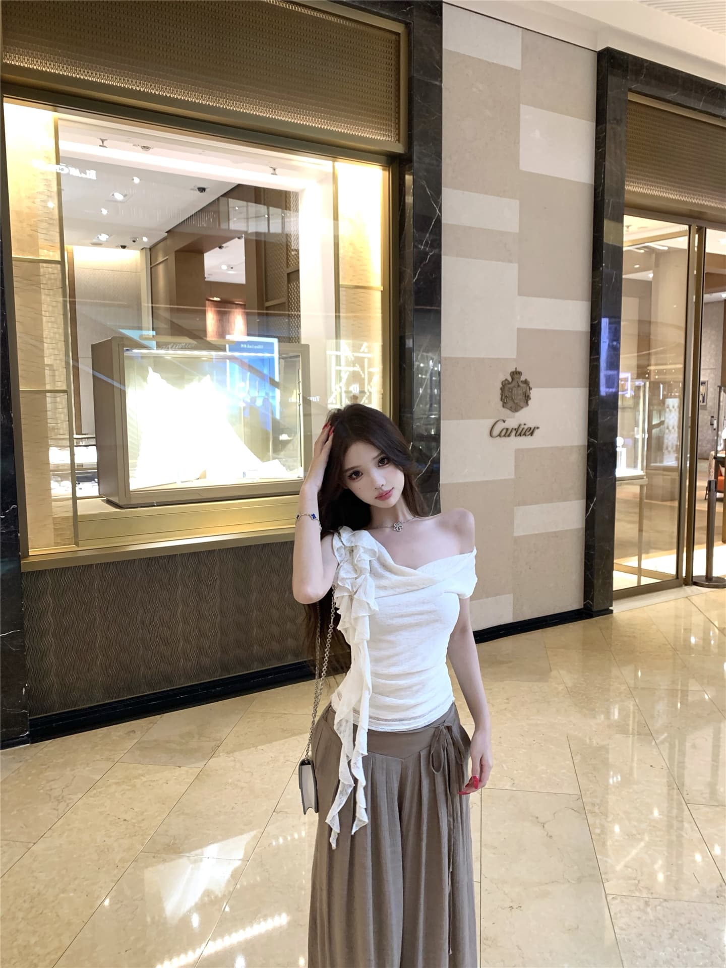실사 흔들다 칼라 리본 꽃 비스듬한 어깨 반팔 티셔츠 여성 꼬집기 허리 다용도 캐주얼 펄럭 이는 길다 바지 투피스 세트 상세 이미지 9