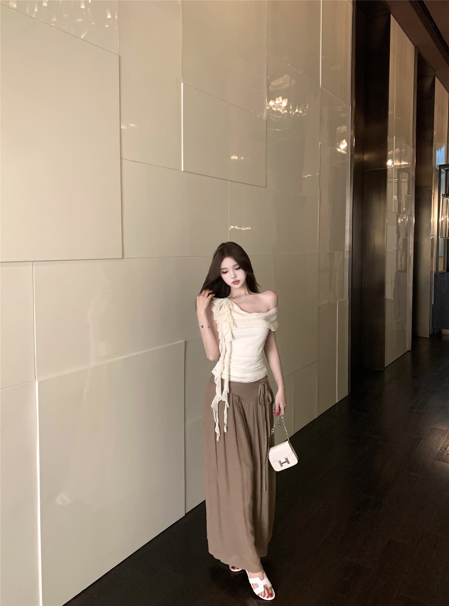 실사 흔들다 칼라 리본 꽃 비스듬한 어깨 반팔 티셔츠 여성 꼬집기 허리 다용도 캐주얼 펄럭 이는 길다 바지 투피스 세트 상세 이미지 12