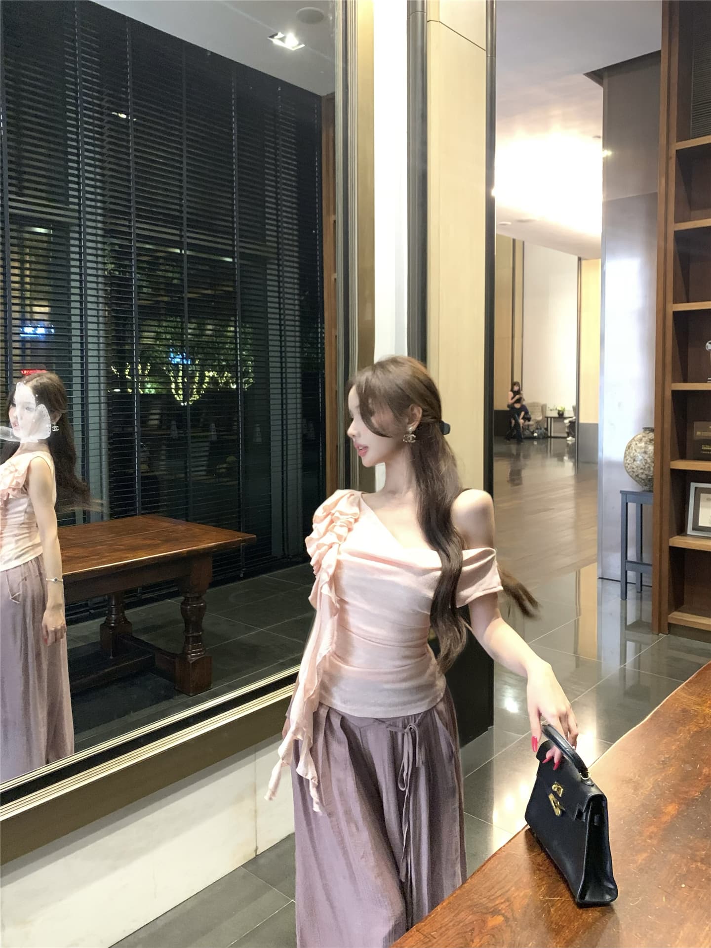 실사 흔들다 칼라 리본 꽃 비스듬한 어깨 반팔 티셔츠 여성 꼬집기 허리 다용도 캐주얼 펄럭 이는 길다 바지 투피스 세트 상세 이미지 13
