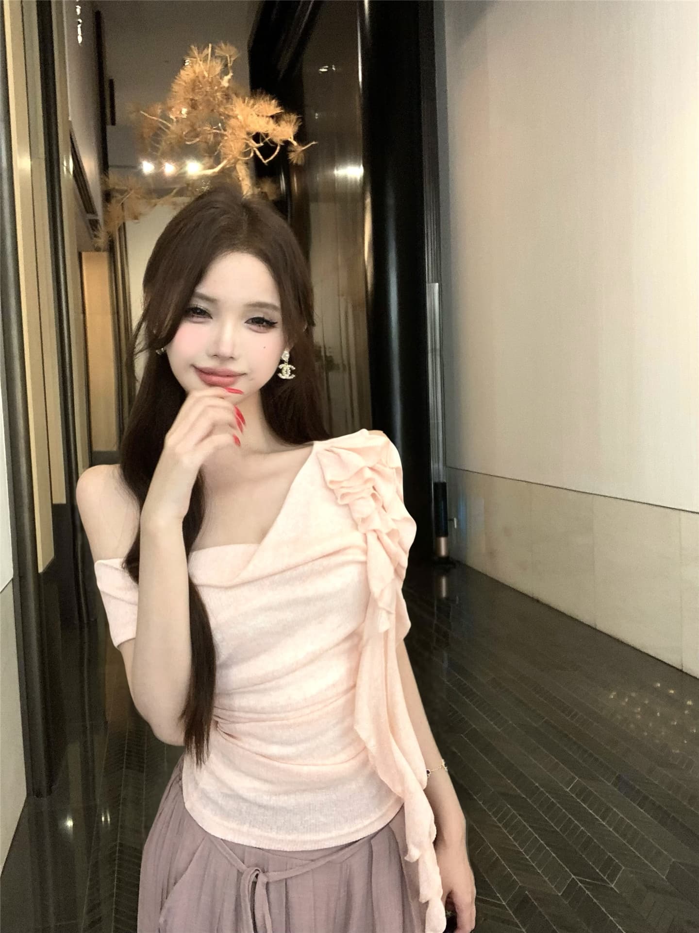실사 흔들다 칼라 리본 꽃 비스듬한 어깨 반팔 티셔츠 여성 꼬집기 허리 다용도 캐주얼 펄럭 이는 길다 바지 투피스 세트 상세 이미지 14