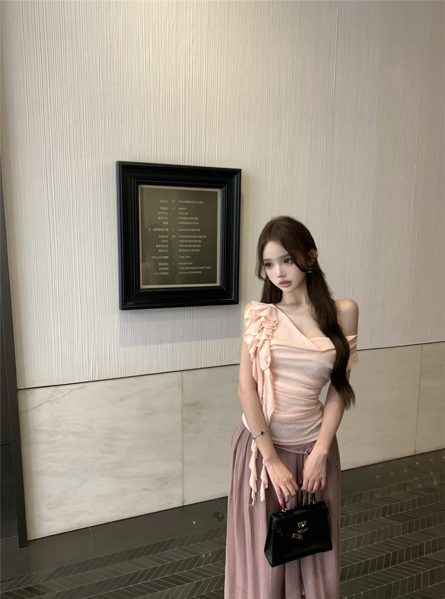 실사 흔들다 칼라 리본 꽃 비스듬한 어깨 반팔 티셔츠 여성 꼬집기 허리 다용도 캐주얼 펄럭 이는 길다 바지 투피스 세트 상세 이미지 15