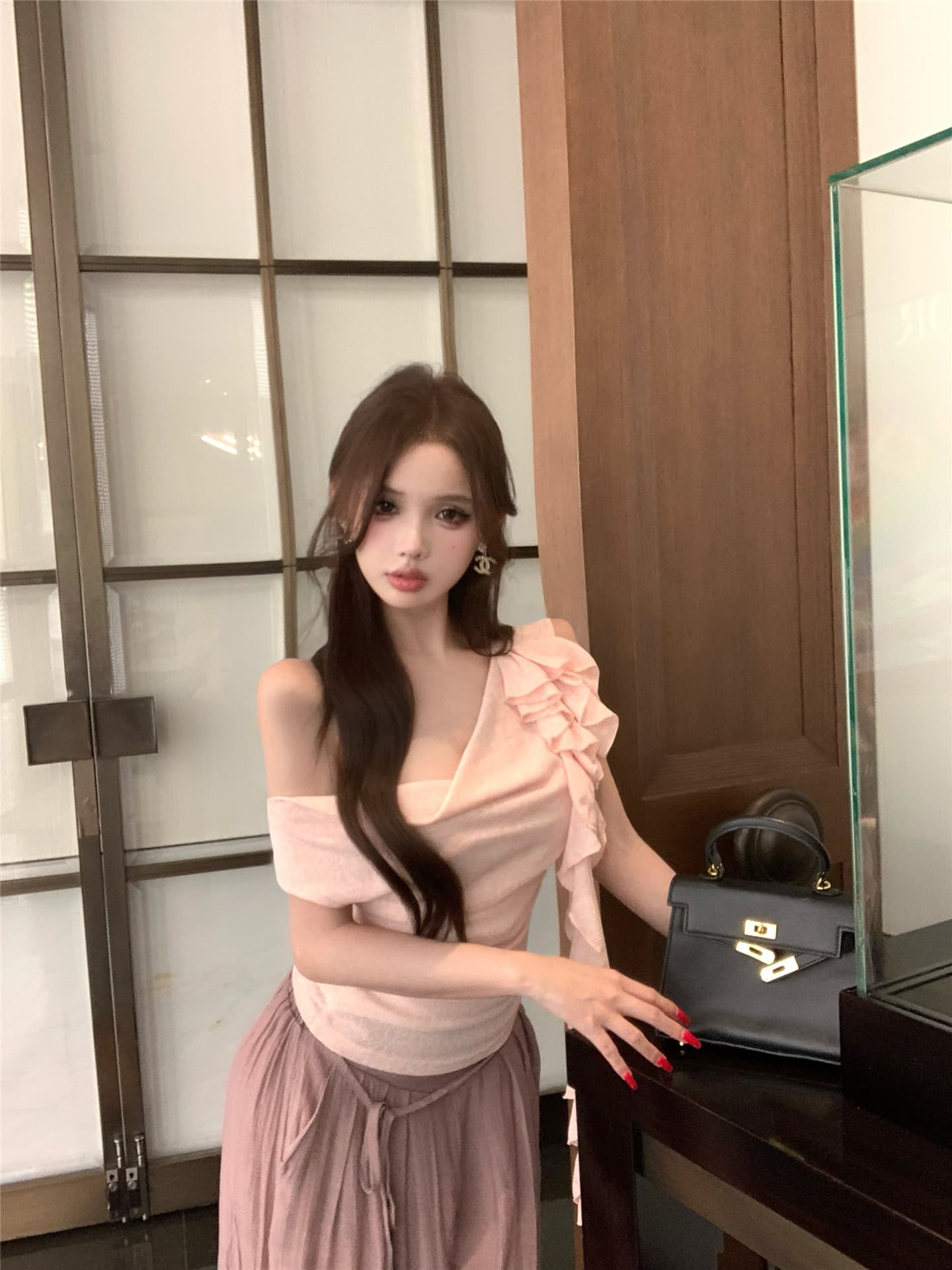 실사 흔들다 칼라 리본 꽃 비스듬한 어깨 반팔 티셔츠 여성 꼬집기 허리 다용도 캐주얼 펄럭 이는 길다 바지 투피스 세트 상세 이미지 16