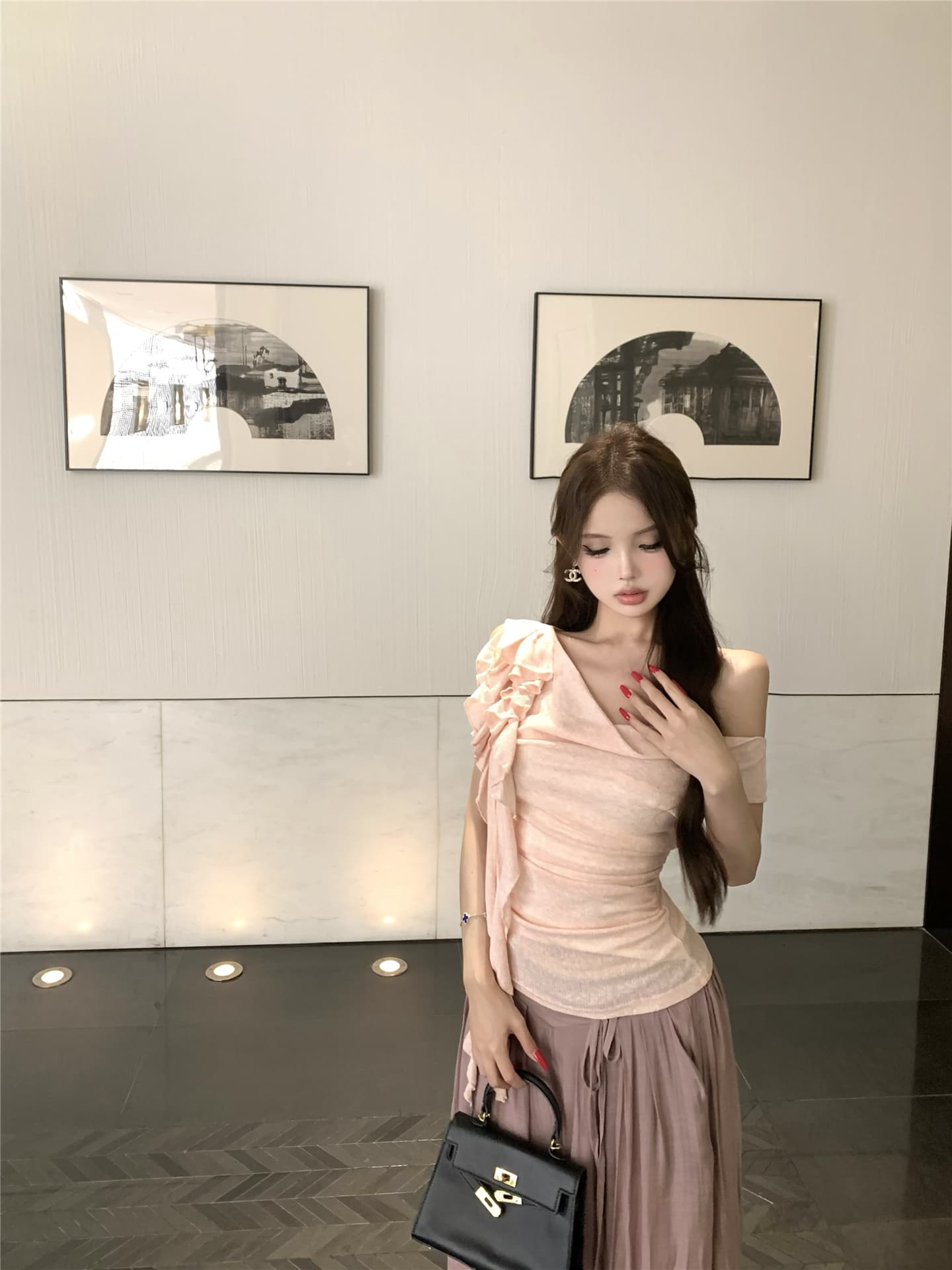 실사 흔들다 칼라 리본 꽃 비스듬한 어깨 반팔 티셔츠 여성 꼬집기 허리 다용도 캐주얼 펄럭 이는 길다 바지 투피스 세트 상세 이미지 17