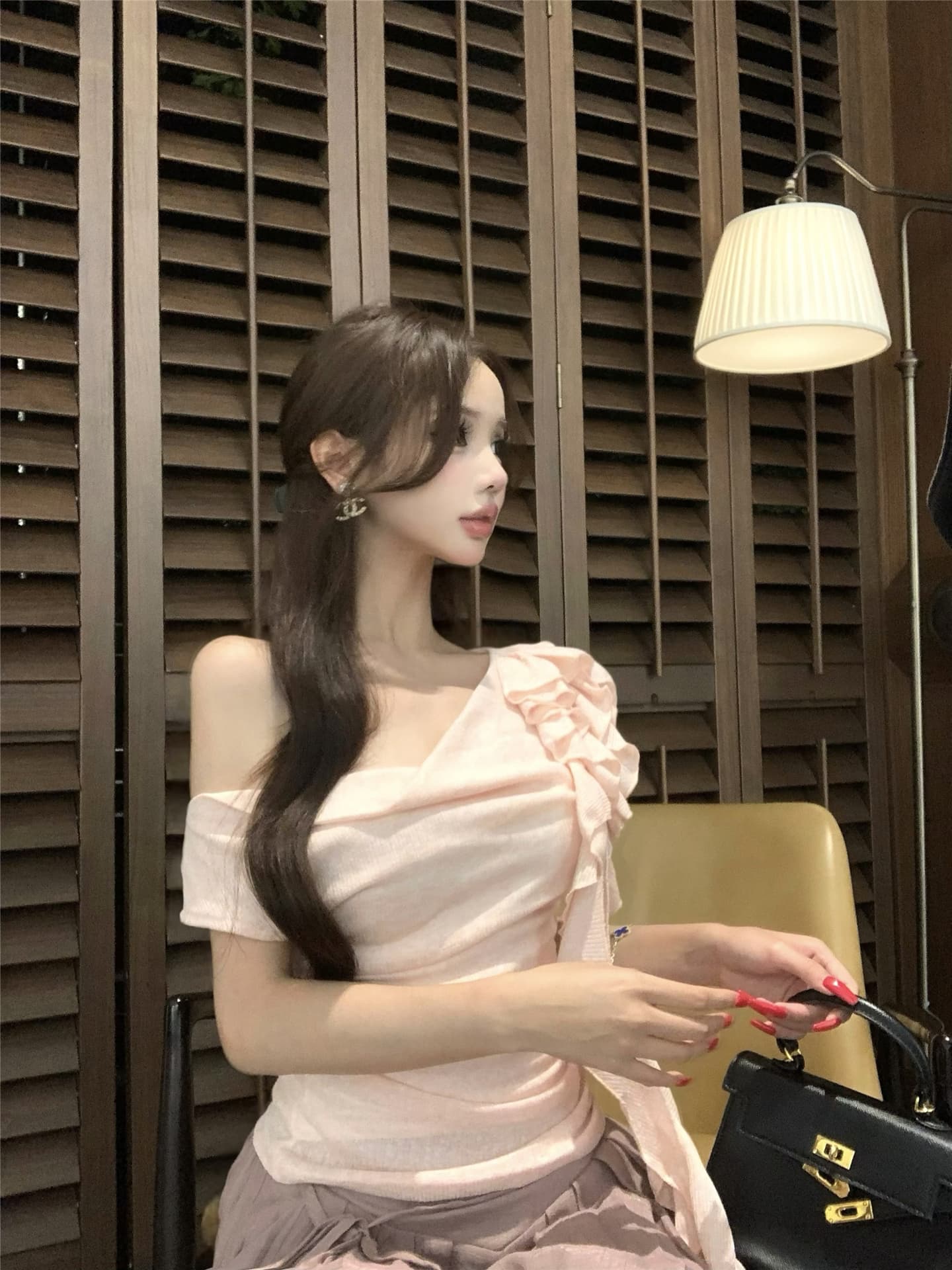 실사 흔들다 칼라 리본 꽃 비스듬한 어깨 반팔 티셔츠 여성 꼬집기 허리 다용도 캐주얼 펄럭 이는 길다 바지 투피스 세트 상세 이미지 18