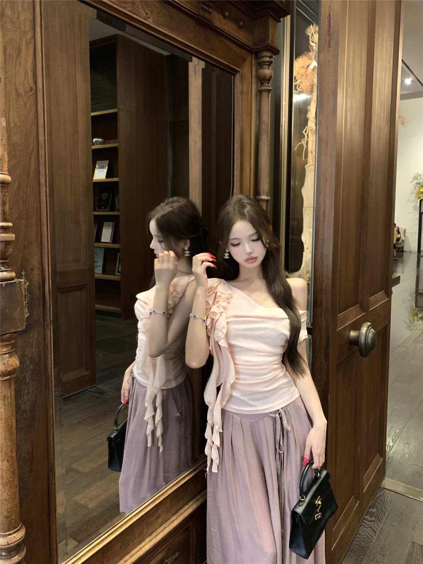 실사 흔들다 칼라 리본 꽃 비스듬한 어깨 반팔 티셔츠 여성 꼬집기 허리 다용도 캐주얼 펄럭 이는 길다 바지 투피스 세트 상세 이미지 19