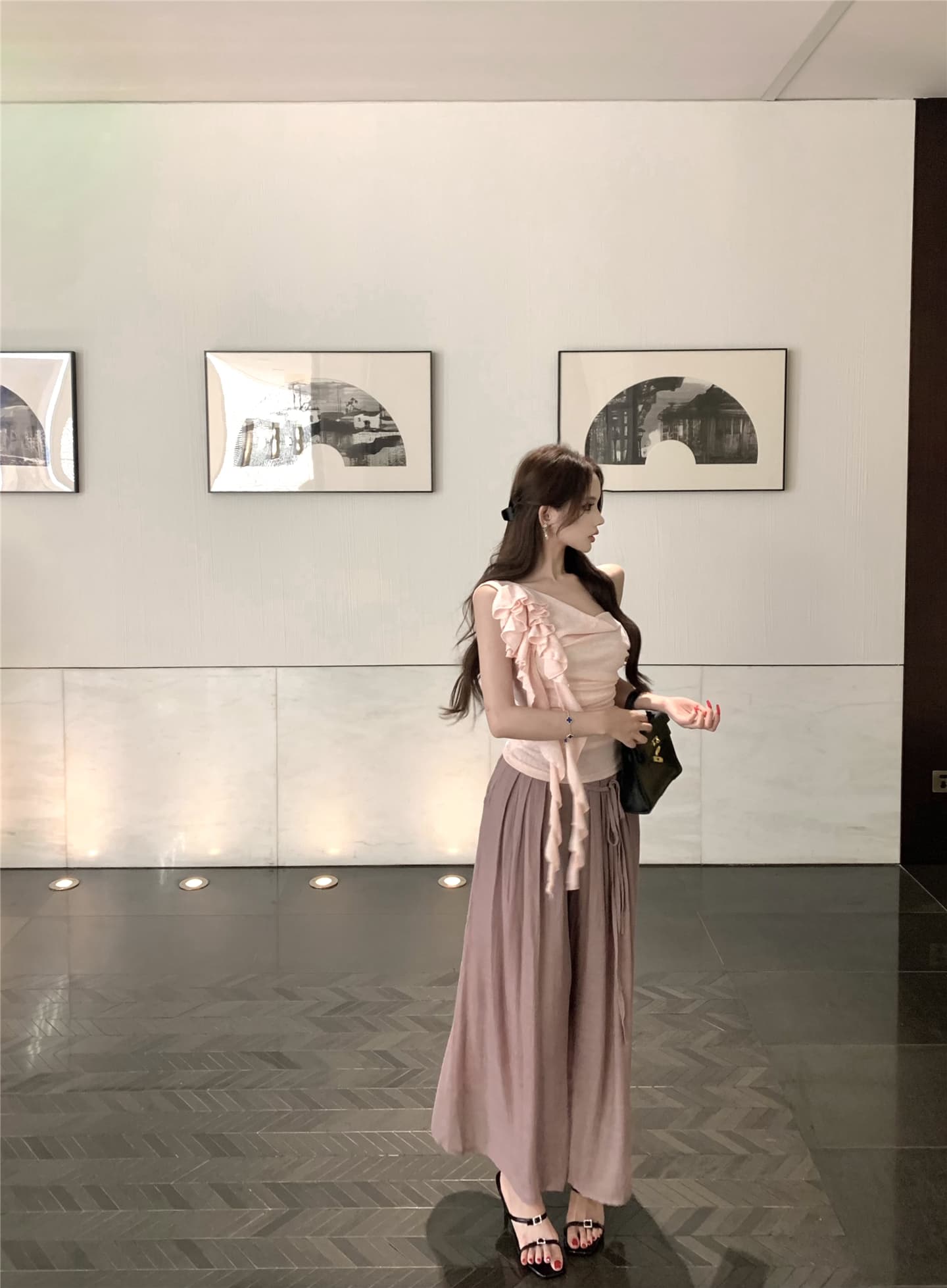 실사 흔들다 칼라 리본 꽃 비스듬한 어깨 반팔 티셔츠 여성 꼬집기 허리 다용도 캐주얼 펄럭 이는 길다 바지 투피스 세트 상세 이미지 22