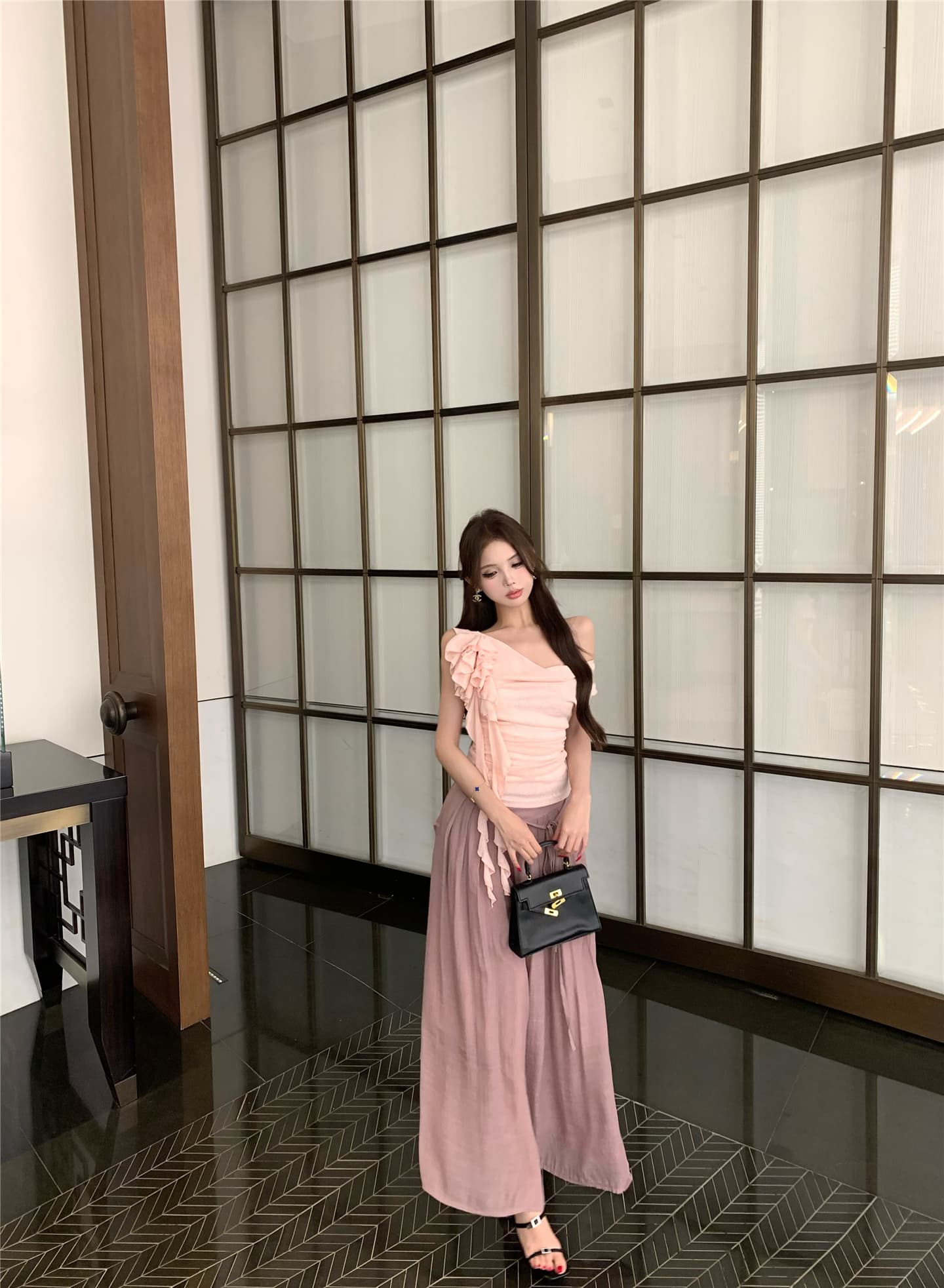 실사 흔들다 칼라 리본 꽃 비스듬한 어깨 반팔 티셔츠 여성 꼬집기 허리 다용도 캐주얼 펄럭 이는 길다 바지 투피스 세트 상세 이미지 25