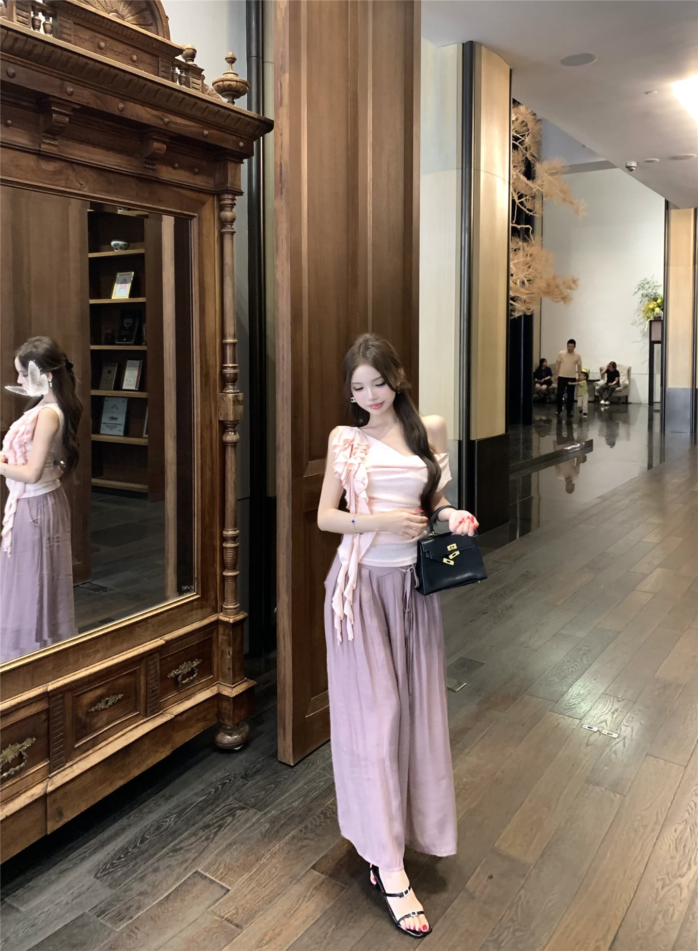 실사 흔들다 칼라 리본 꽃 비스듬한 어깨 반팔 티셔츠 여성 꼬집기 허리 다용도 캐주얼 펄럭 이는 길다 바지 투피스 세트 상세 이미지 26