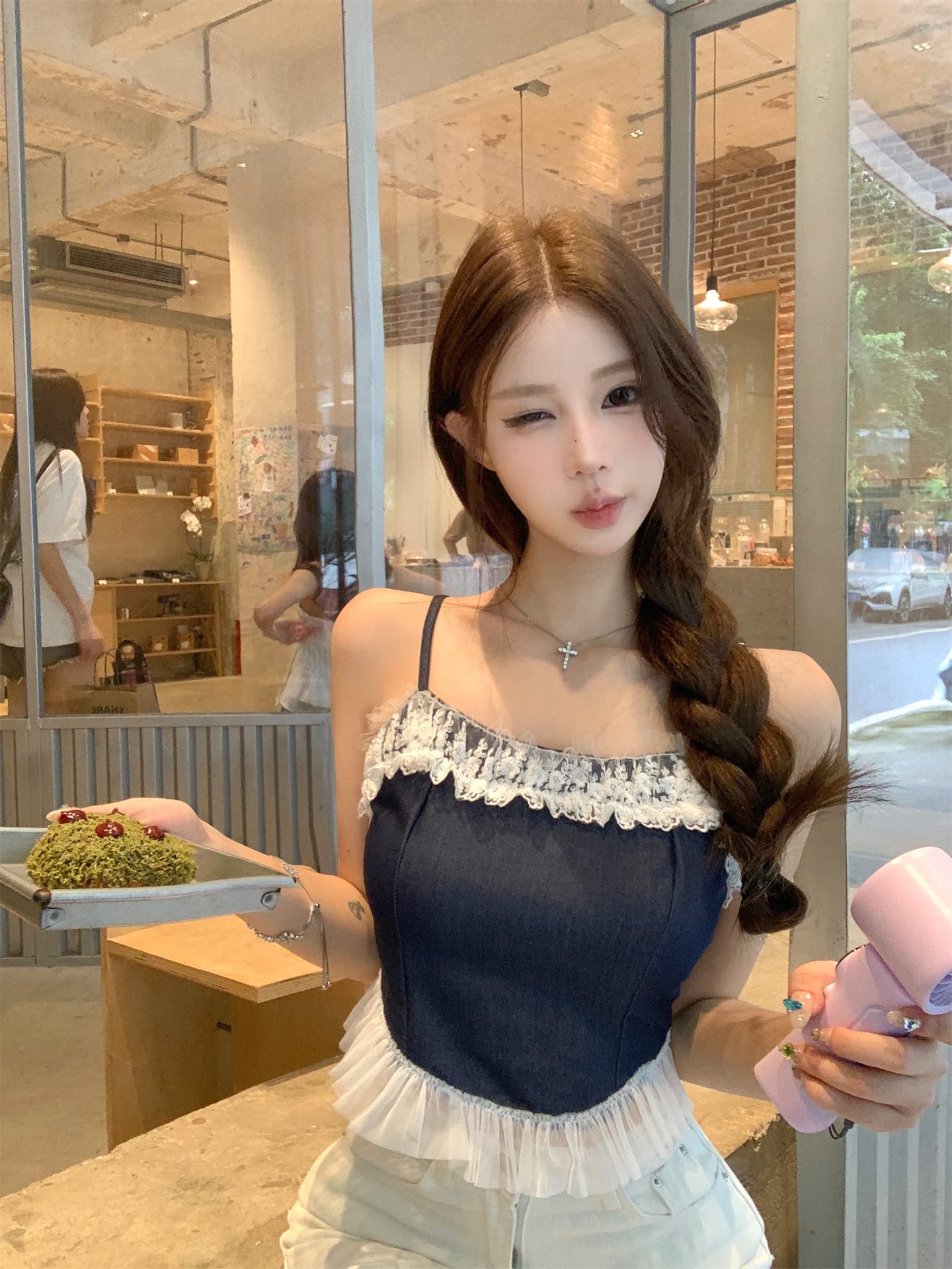 실사 소녀 아로마 모방 데님 레이스 슬립 맨위 여성 디자인 센스 여름 한 마디 드레스 상세 이미지 3