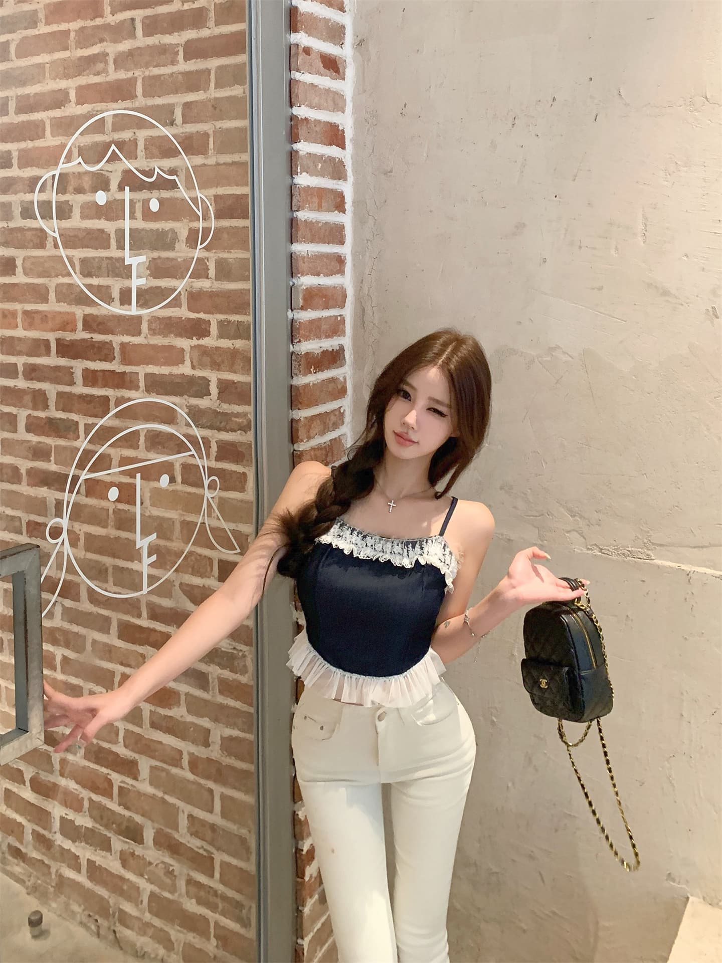실사 소녀 아로마 모방 데님 레이스 슬립 맨위 여성 디자인 센스 여름 한 마디 드레스 상세 이미지 6