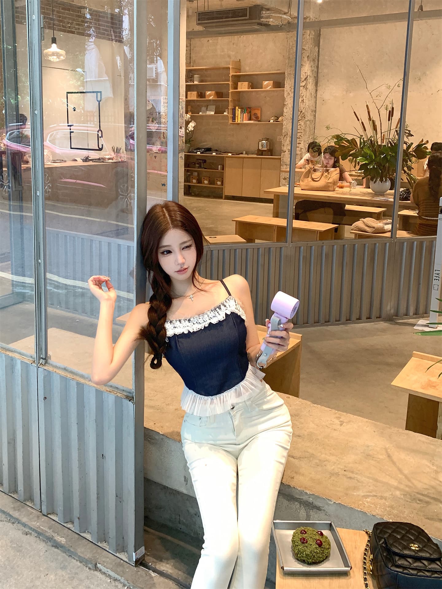 실사 소녀 아로마 모방 데님 레이스 슬립 맨위 여성 디자인 센스 여름 한 마디 드레스 상세 이미지 9