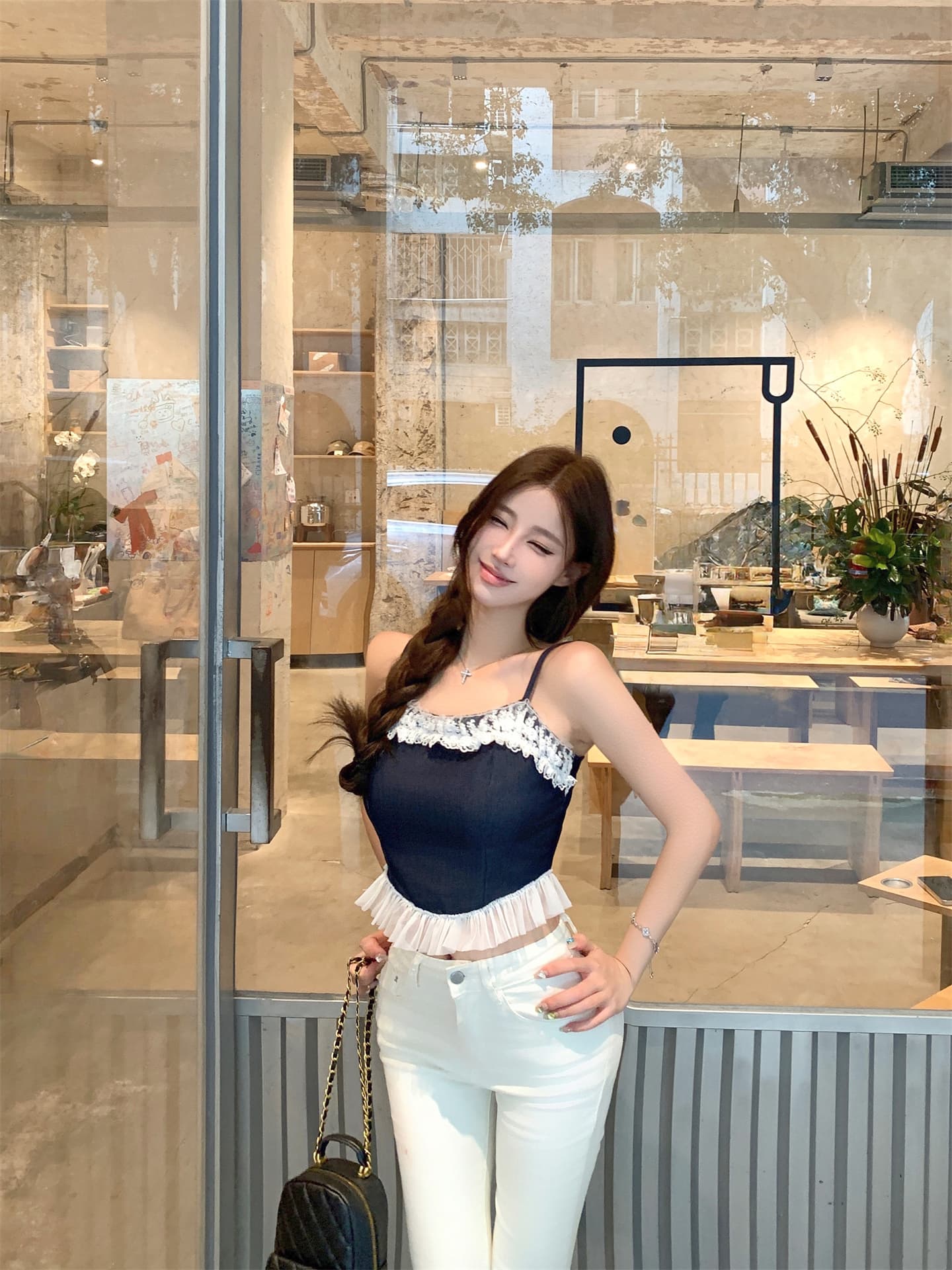 실사 소녀 아로마 모방 데님 레이스 슬립 맨위 여성 디자인 센스 여름 한 마디 드레스 상세 이미지 10