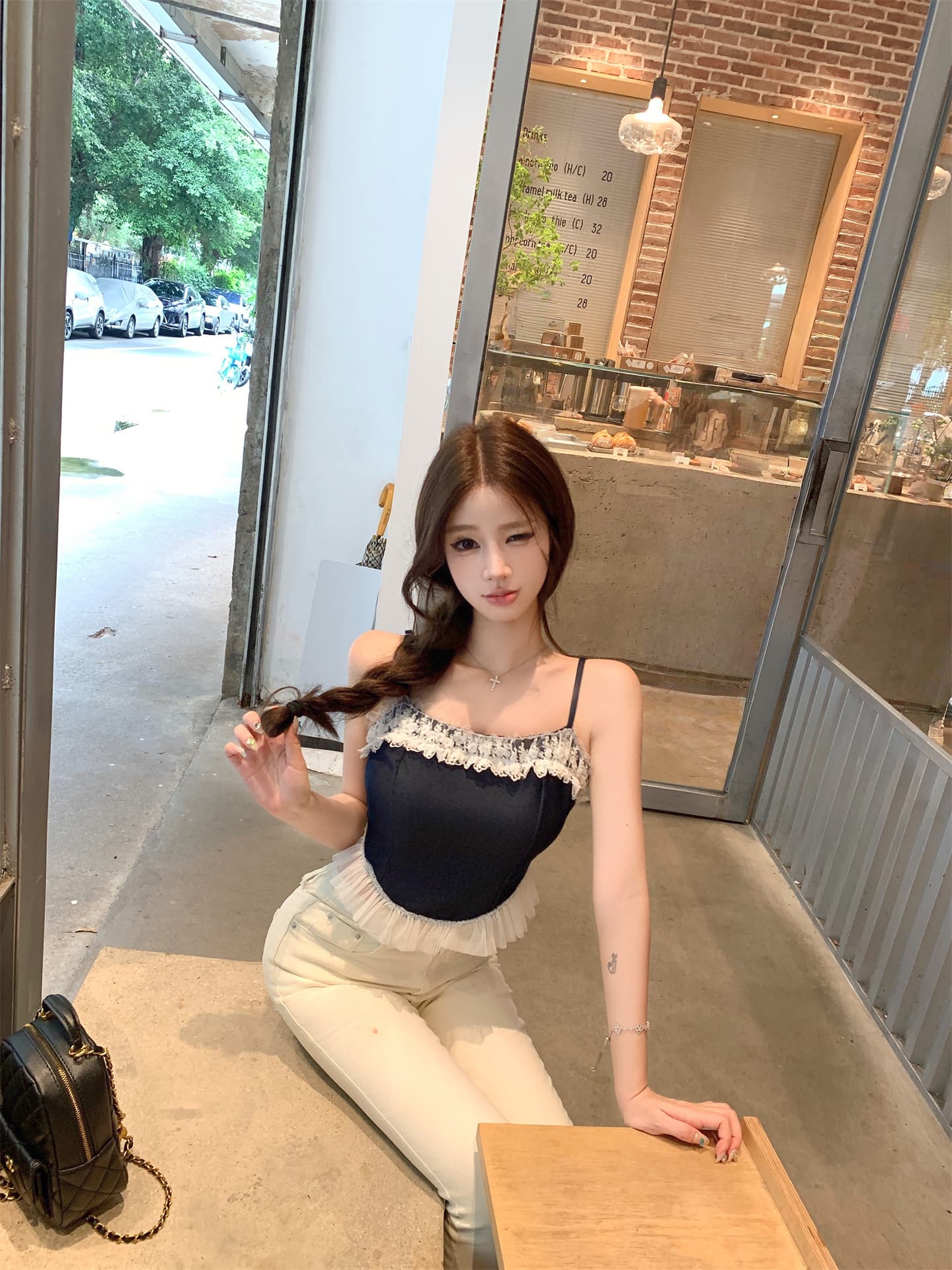 실사 소녀 아로마 모방 데님 레이스 슬립 맨위 여성 디자인 센스 여름 한 마디 드레스 상세 이미지 11