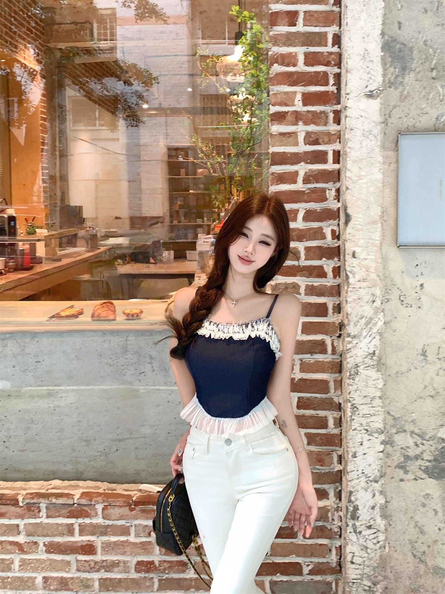 실사 소녀 아로마 모방 데님 레이스 슬립 맨위 여성 디자인 센스 여름 한 마디 드레스 상세 이미지 12