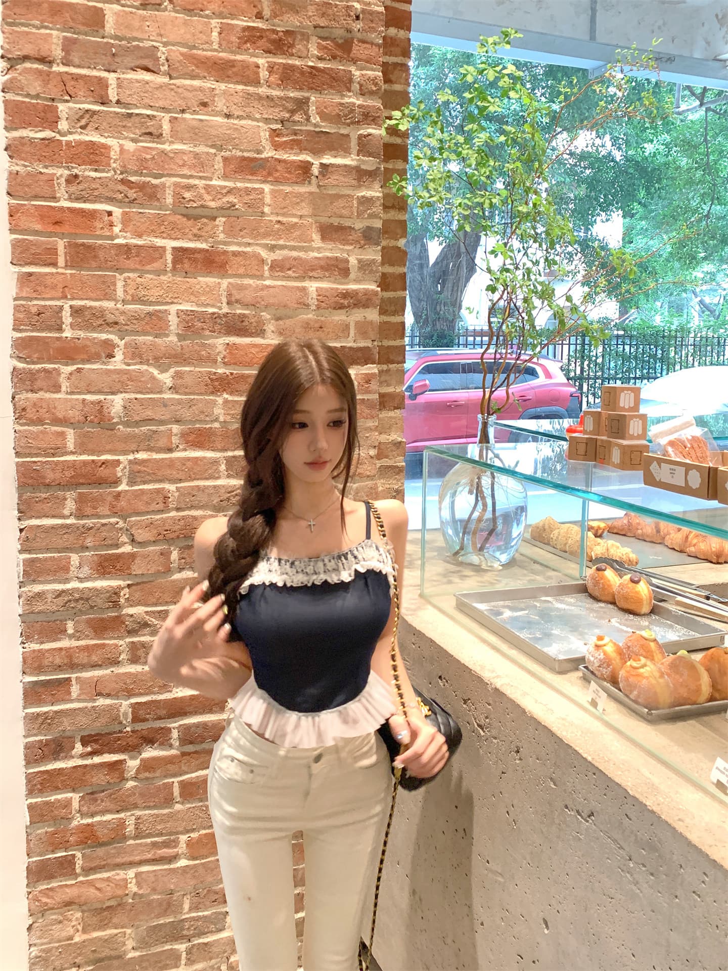 실사 소녀 아로마 모방 데님 레이스 슬립 맨위 여성 디자인 센스 여름 한 마디 드레스 상세 이미지 15