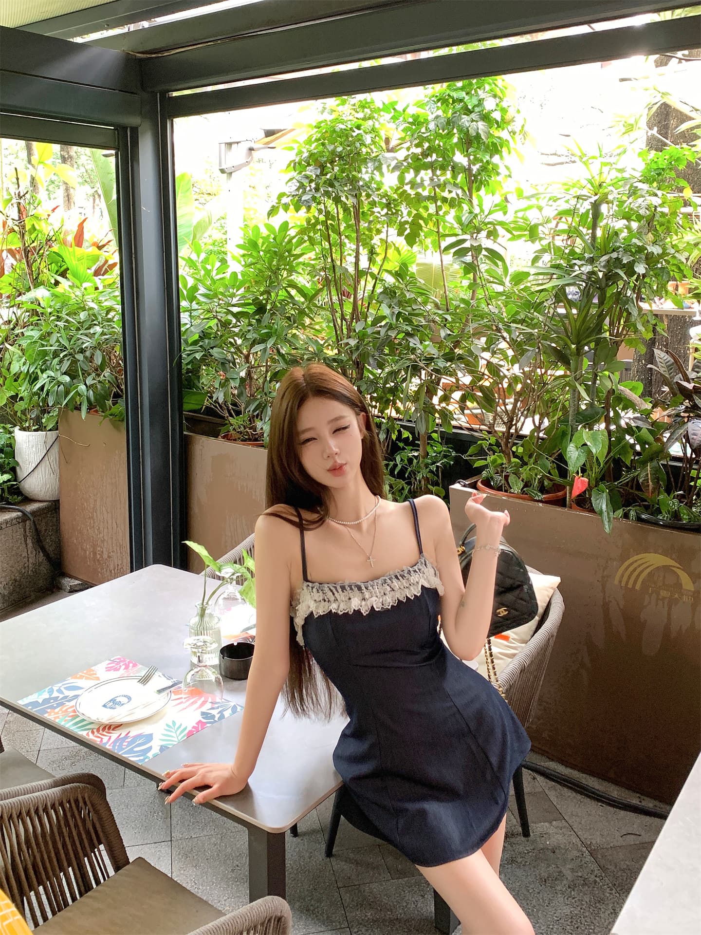 실사 소녀 아로마 모방 데님 레이스 슬립 맨위 여성 디자인 센스 여름 한 마디 드레스 상세 이미지 19