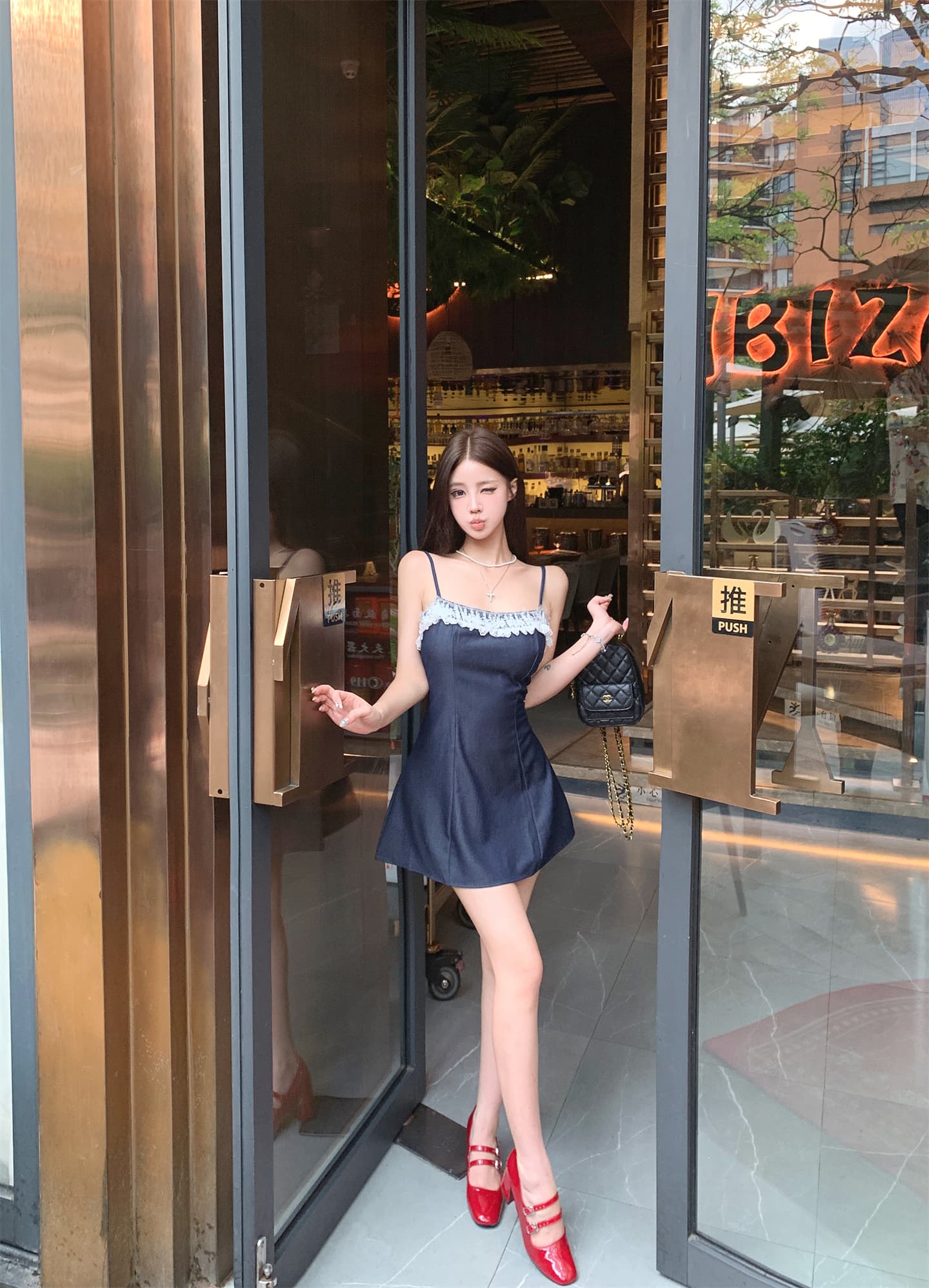 실사 소녀 아로마 모방 데님 레이스 슬립 맨위 여성 디자인 센스 여름 한 마디 드레스 상세 이미지 26