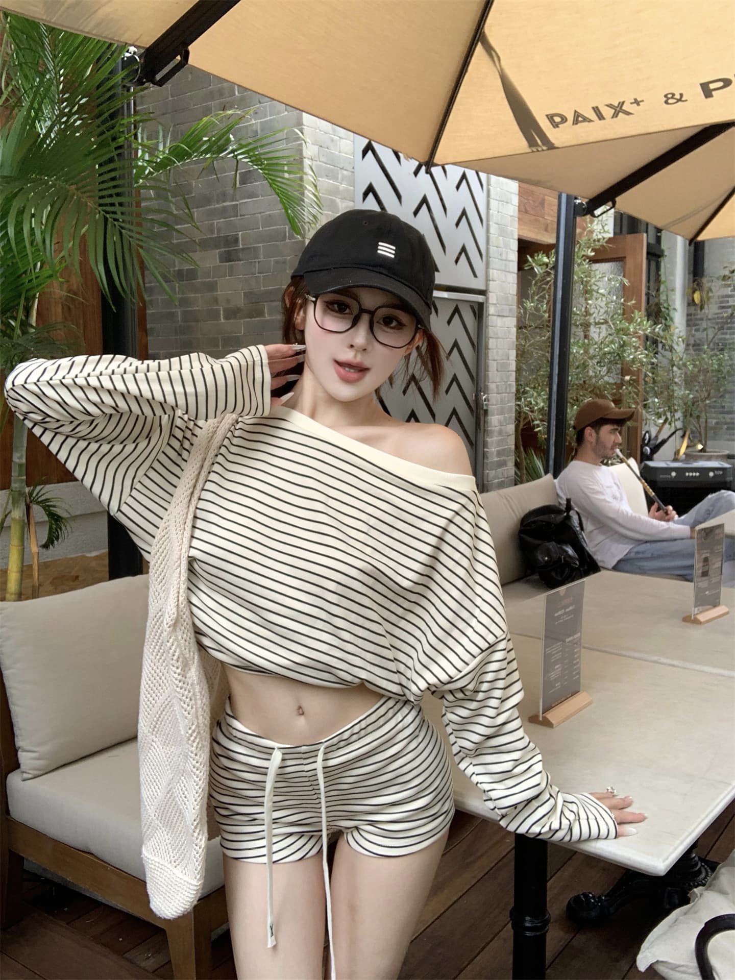 실사 이른 가을 비스듬한 어깨 긴팔 허리 수축 흑백 줄무늬 맨위 좋은 면 반바지 느긋한 세트 상세 이미지 7