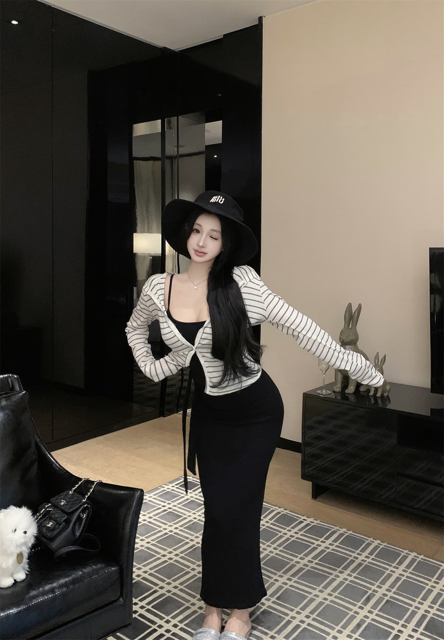 실사 이른 가을 스키니 종이 사람들 비틀림 스트랩 슬립 드레스 여성 가을철 실크 긴팔 자외선 차단 오픈 가디건
