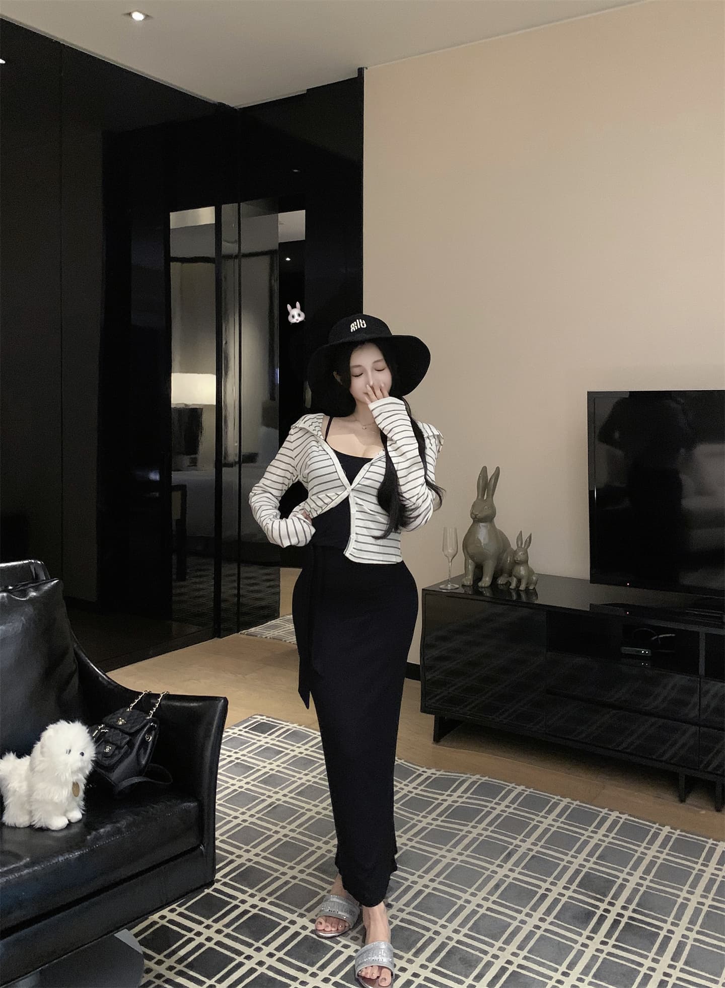 실사 이른 가을 스키니 종이 사람들 비틀림 스트랩 슬립 드레스 여성 가을철 실크 긴팔 자외선 차단 오픈 가디건 상세 이미지 17