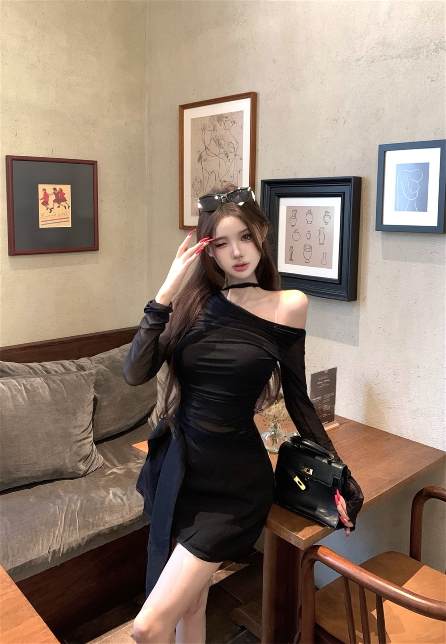 실사 이른 가을 페이크 레이어드 오프숄더 섹시함 블랙 하프 ~을 통해 기본 셔츠 얇은 벨트 슬림해 보이는 반신 스커트 핫걸 세트 이미지 2