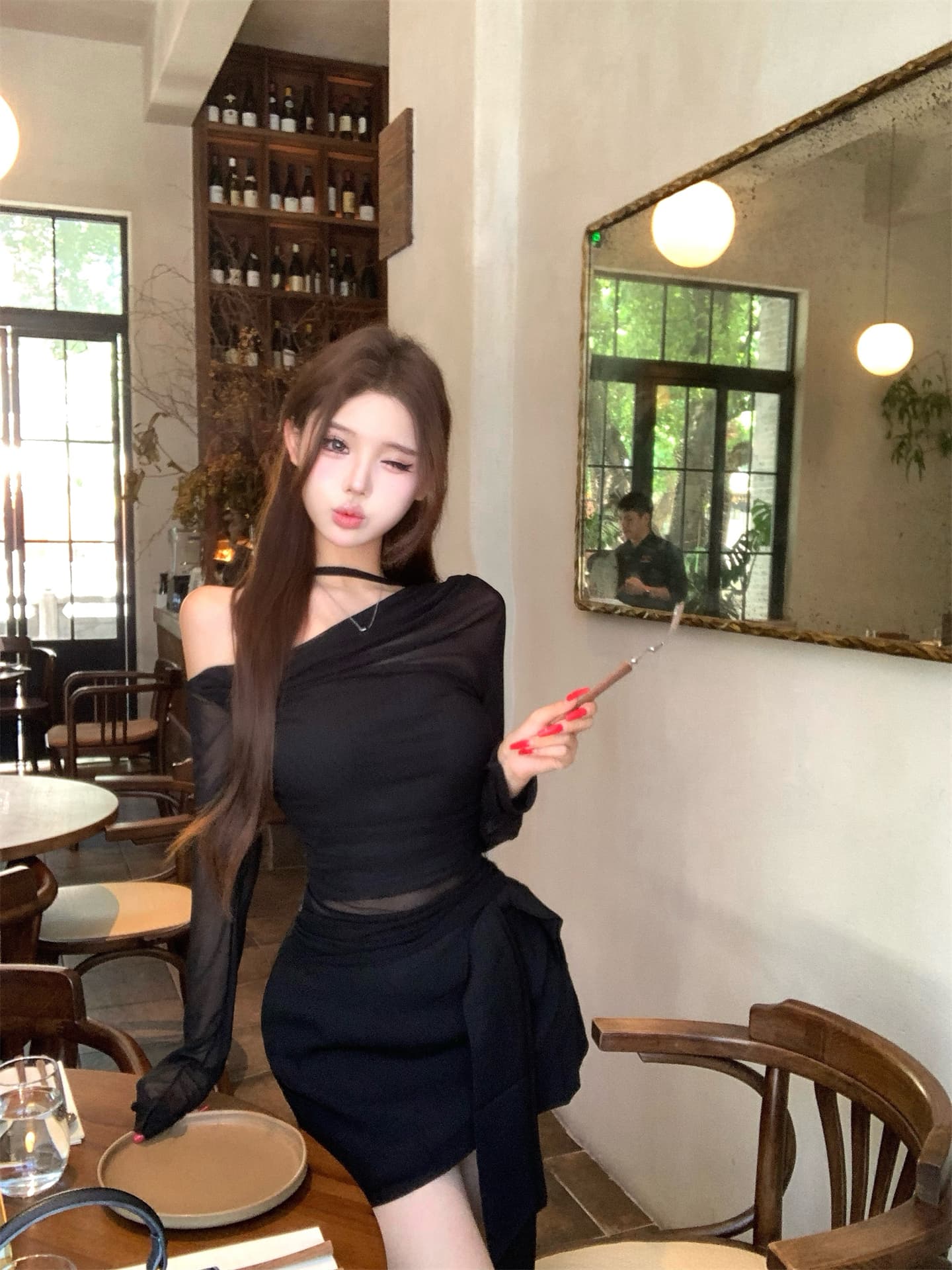 실사 이른 가을 페이크 레이어드 오프숄더 섹시함 블랙 하프 ~을 통해 기본 셔츠 얇은 벨트 슬림해 보이는 반신 스커트 핫걸 세트 상세 이미지 5