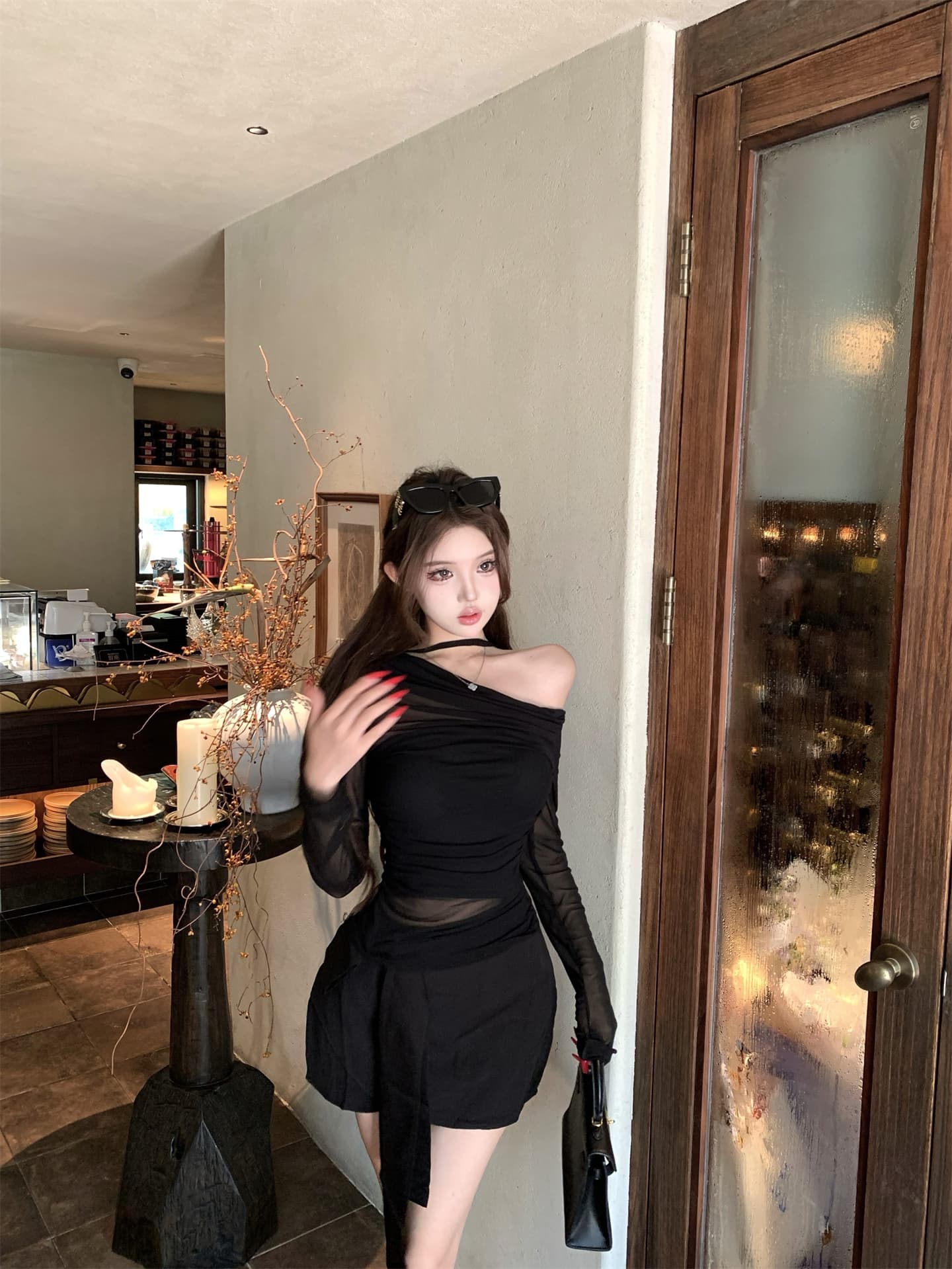 실사 이른 가을 페이크 레이어드 오프숄더 섹시함 블랙 하프 ~을 통해 기본 셔츠 얇은 벨트 슬림해 보이는 반신 스커트 핫걸 세트 상세 이미지 7