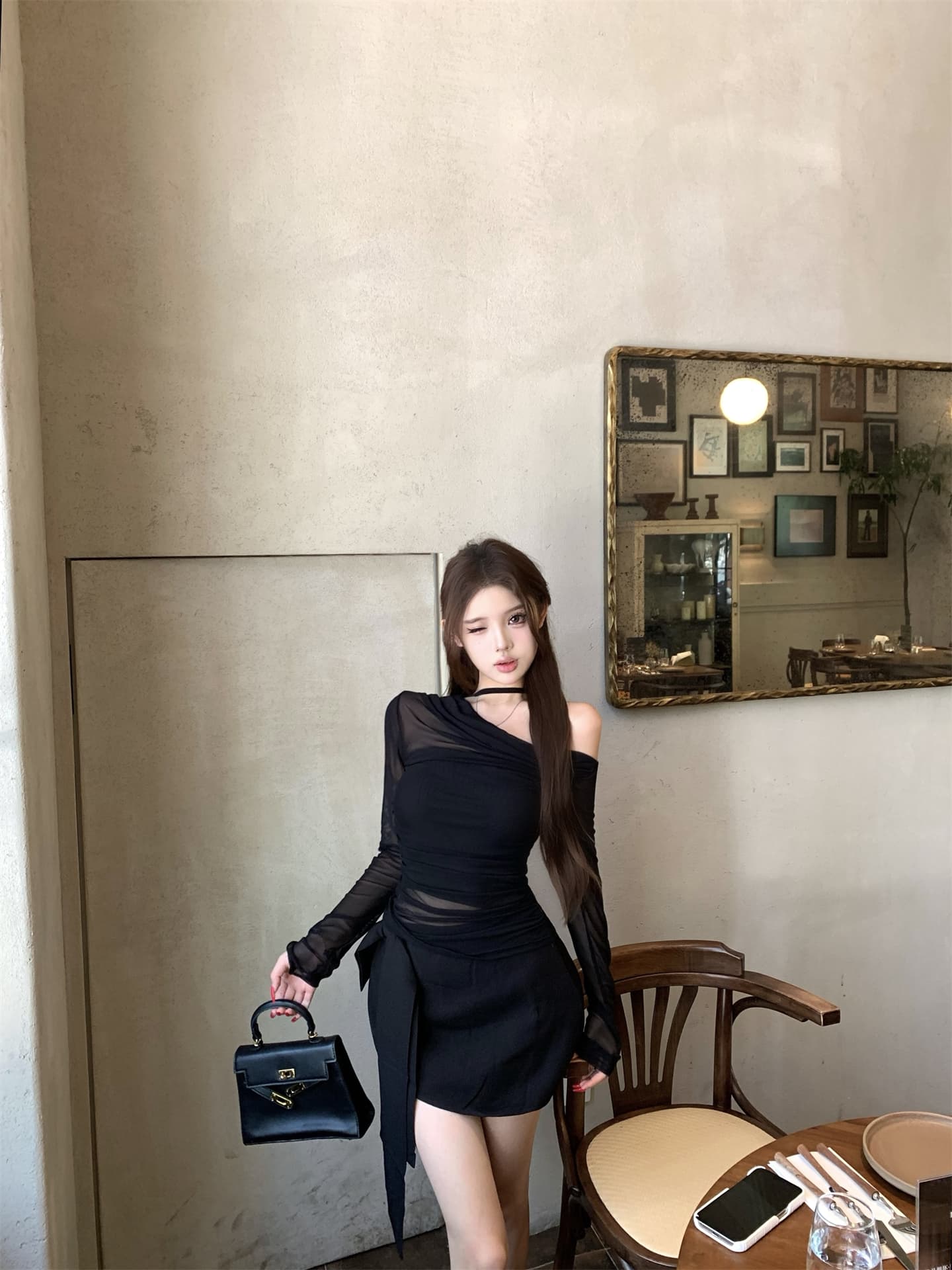 실사 이른 가을 페이크 레이어드 오프숄더 섹시함 블랙 하프 ~을 통해 기본 셔츠 얇은 벨트 슬림해 보이는 반신 스커트 핫걸 세트 상세 이미지 8