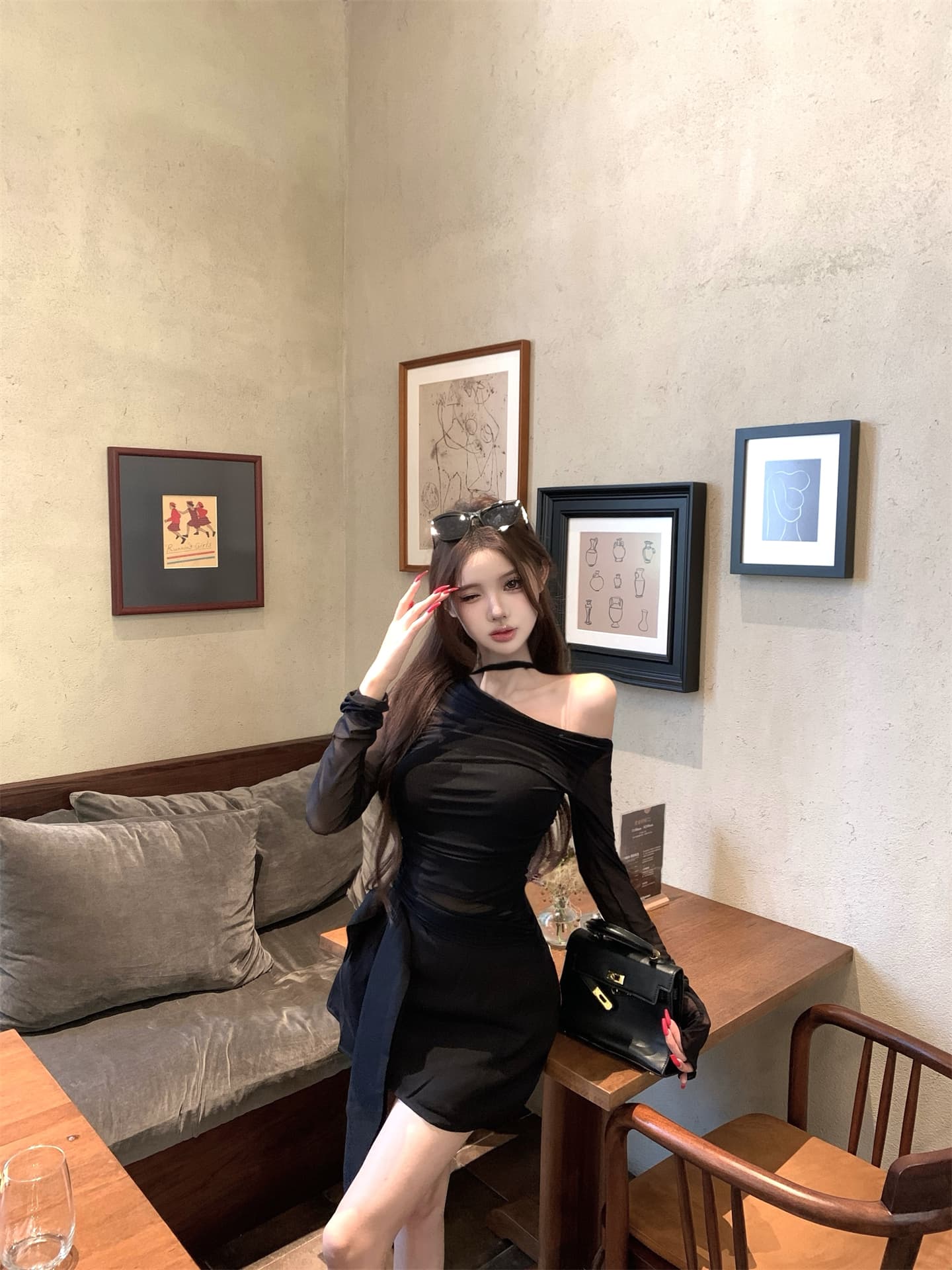 실사 이른 가을 페이크 레이어드 오프숄더 섹시함 블랙 하프 ~을 통해 기본 셔츠 얇은 벨트 슬림해 보이는 반신 스커트 핫걸 세트 상세 이미지 12