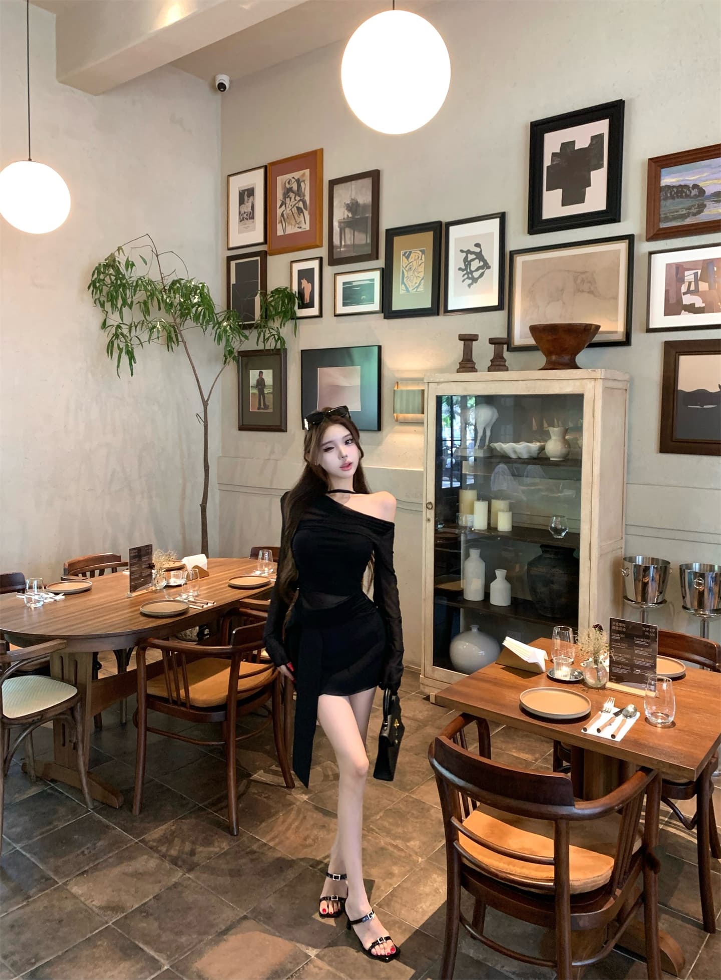 실사 이른 가을 페이크 레이어드 오프숄더 섹시함 블랙 하프 ~을 통해 기본 셔츠 얇은 벨트 슬림해 보이는 반신 스커트 핫걸 세트 상세 이미지 13