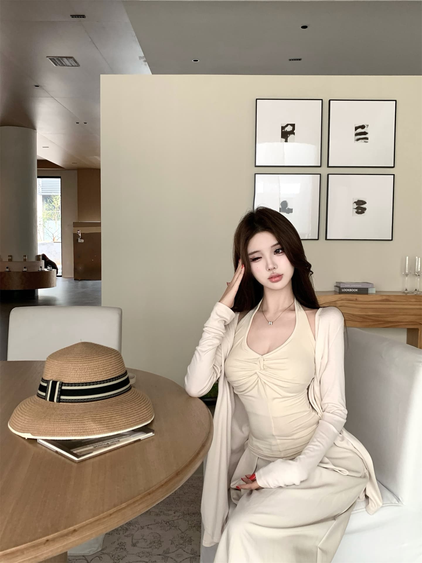 실사 새로운 가을 어깨 긴팔 슬림해 보이는 얇은 스타일 자외선 차단 카디건 코트 행침 목 조끼 캐주얼 와이드 레그 팬츠 상세 이미지 1