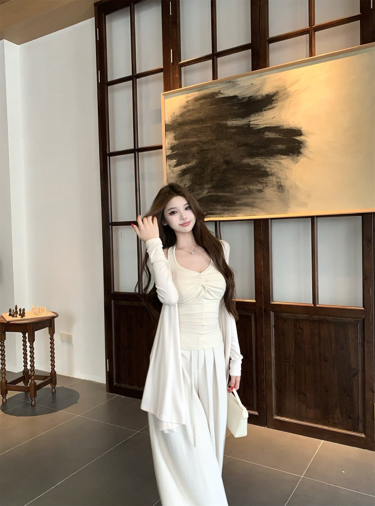 실사 새로운 가을 어깨 긴팔 슬림해 보이는 얇은 스타일 자외선 차단 카디건 코트 행침 목 조끼 캐주얼 와이드 레그 팬츠 상세 이미지 3