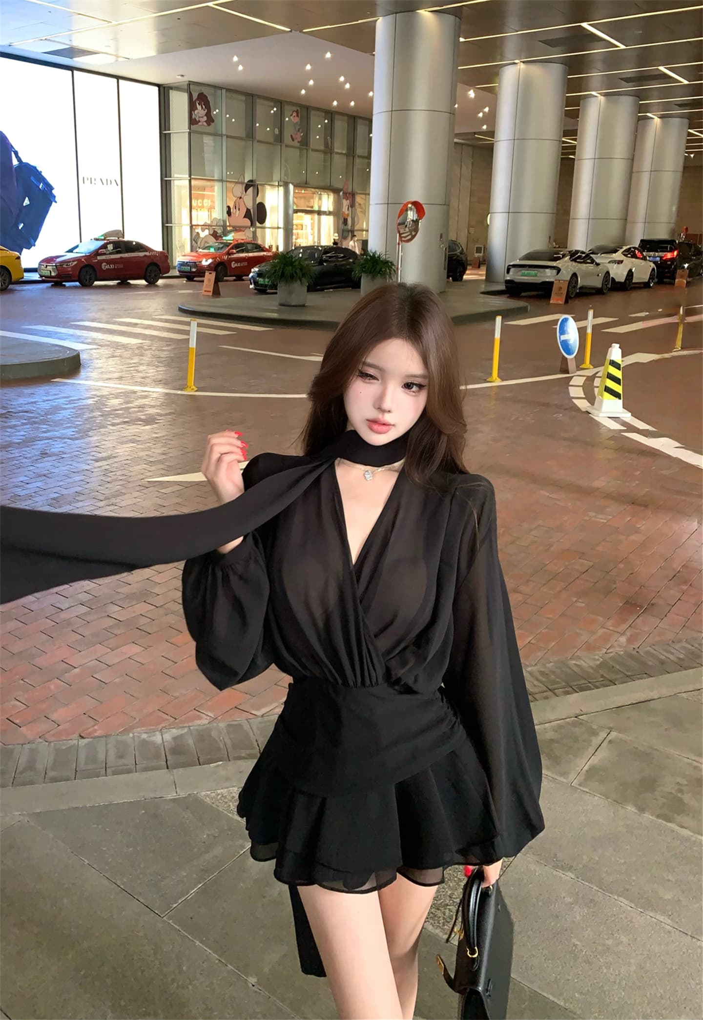 실사 이른 가을 프랑스식 리본 쉬폰 긴팔 여성 드레스 품격 허리 수축 한 마디 미니 스커트 자이언트 잘 생긴 치마