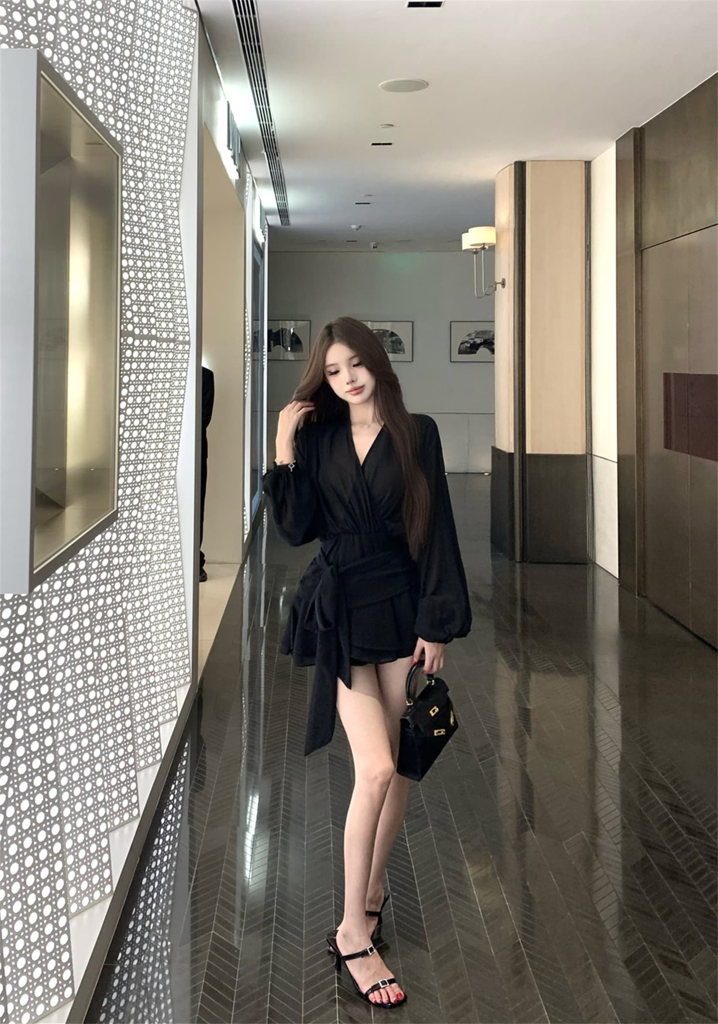 실사 이른 가을 프랑스식 리본 쉬폰 긴팔 여성 드레스 품격 허리 수축 한 마디 미니 스커트 자이언트 잘 생긴 치마 이미지 2