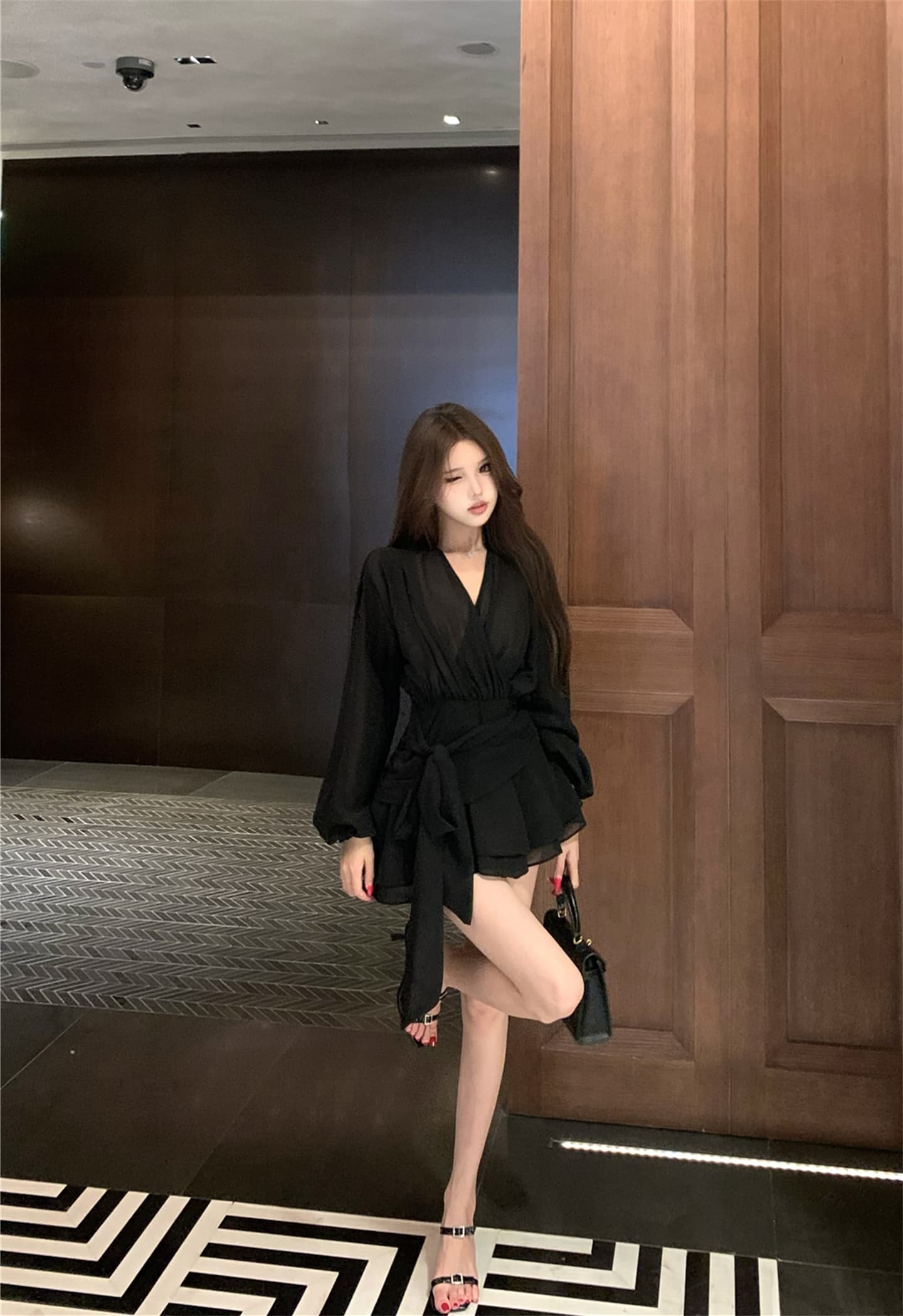 실사 이른 가을 프랑스식 리본 쉬폰 긴팔 여성 드레스 품격 허리 수축 한 마디 미니 스커트 자이언트 잘 생긴 치마 이미지 4