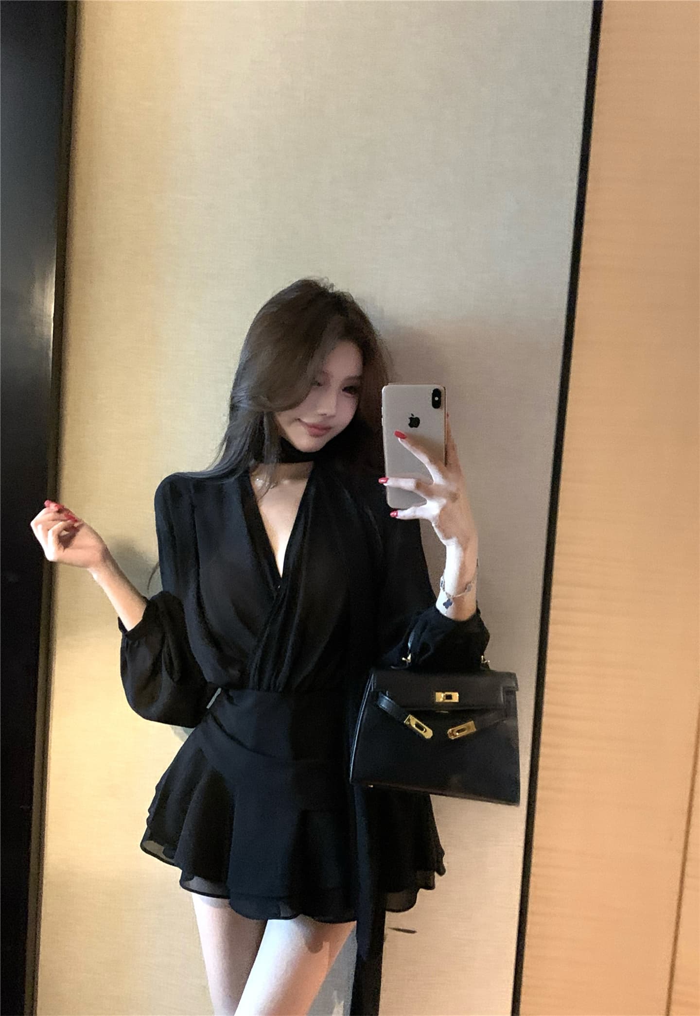 실사 이른 가을 프랑스식 리본 쉬폰 긴팔 여성 드레스 품격 허리 수축 한 마디 미니 스커트 자이언트 잘 생긴 치마 이미지 3
