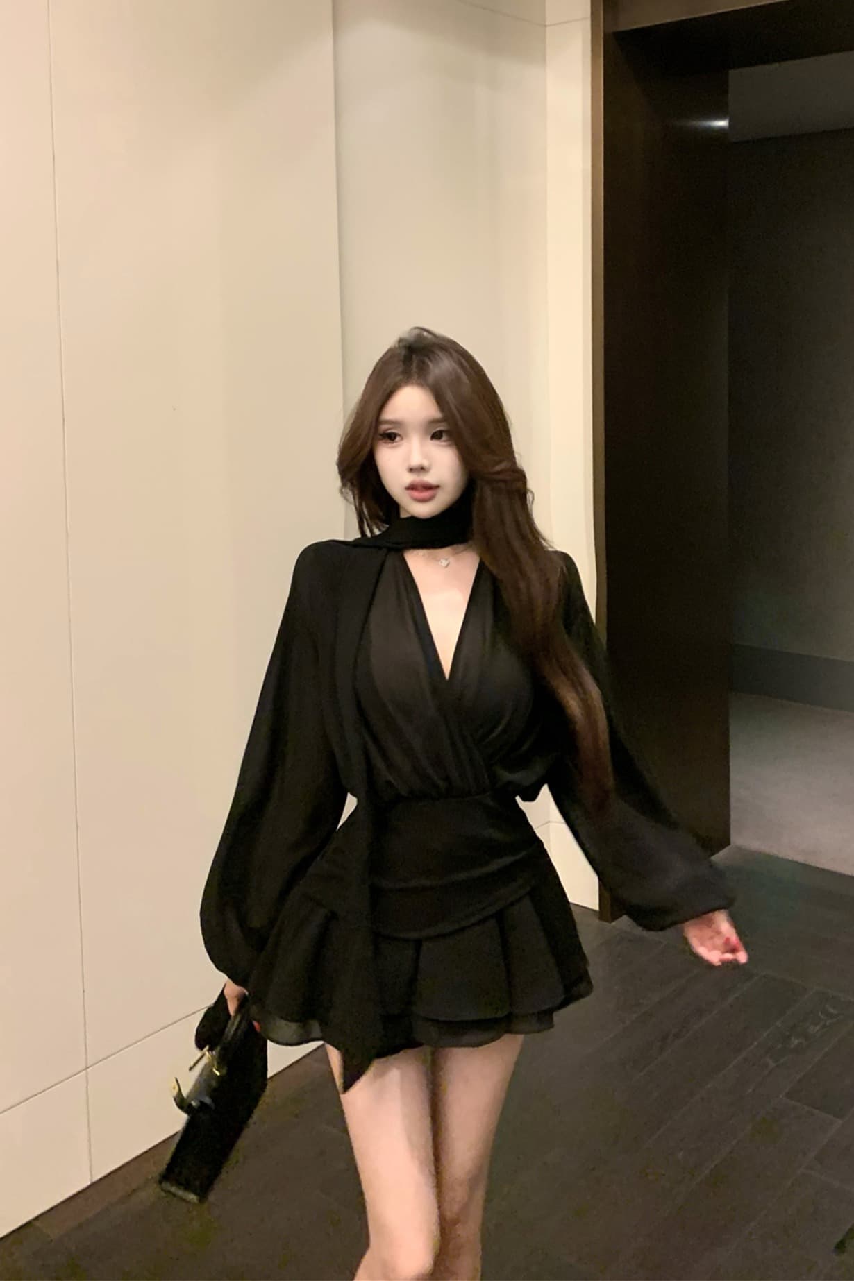실사 이른 가을 프랑스식 리본 쉬폰 긴팔 여성 드레스 품격 허리 수축 한 마디 미니 스커트 자이언트 잘 생긴 치마 이미지 6