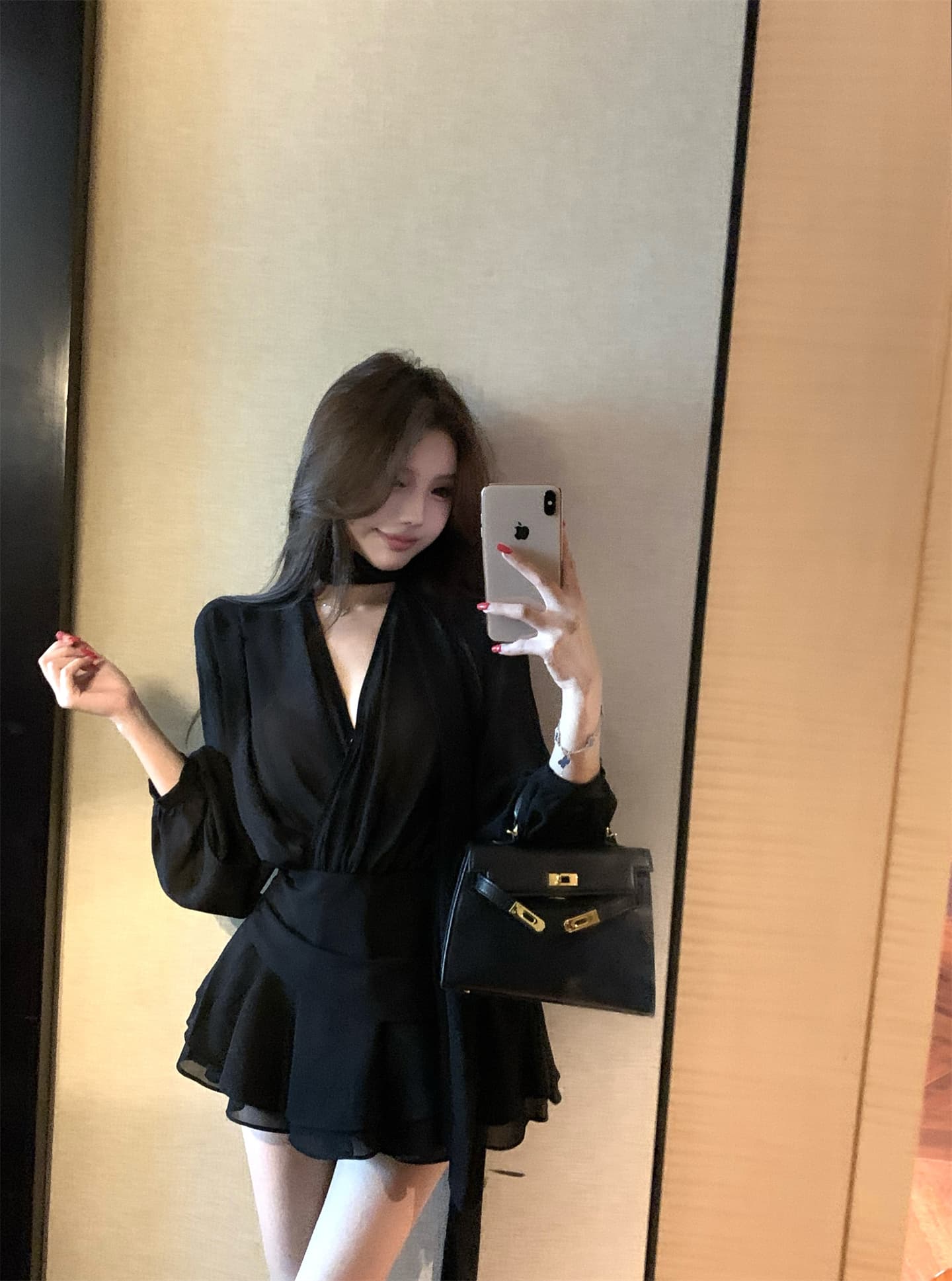 실사 이른 가을 프랑스식 리본 쉬폰 긴팔 여성 드레스 품격 허리 수축 한 마디 미니 스커트 자이언트 잘 생긴 치마 상세 이미지 1