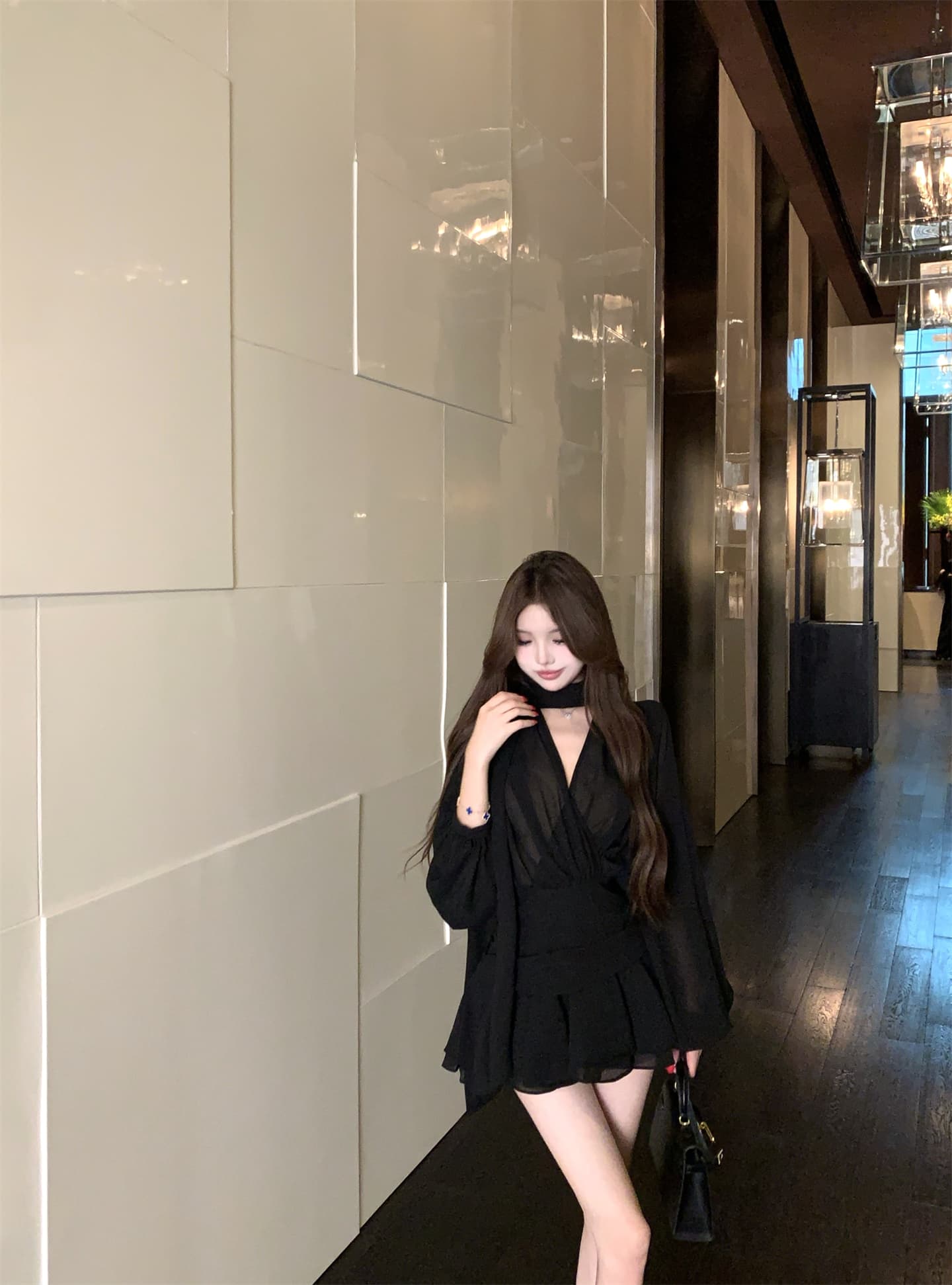 실사 이른 가을 프랑스식 리본 쉬폰 긴팔 여성 드레스 품격 허리 수축 한 마디 미니 스커트 자이언트 잘 생긴 치마 상세 이미지 10