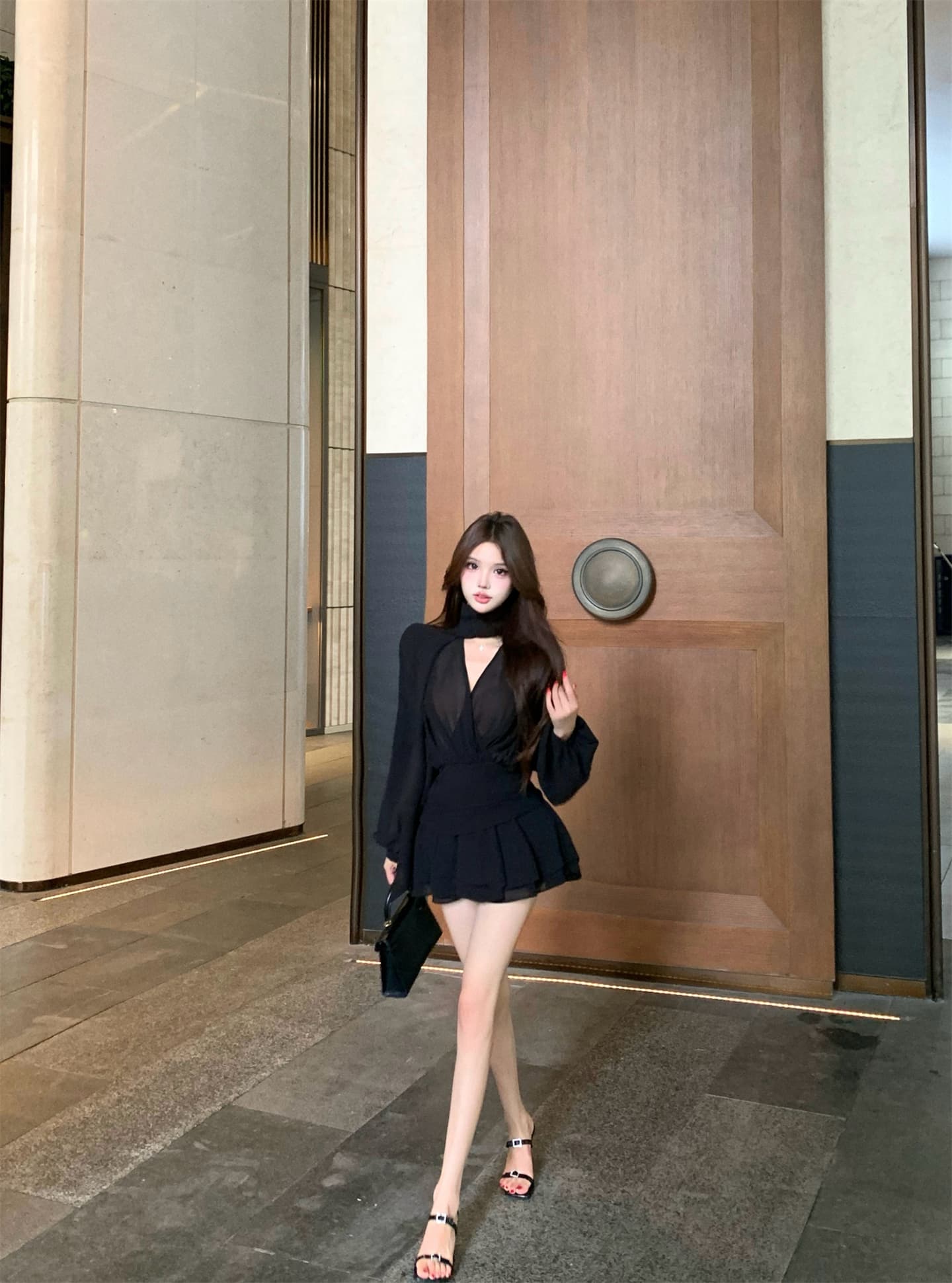 실사 이른 가을 프랑스식 리본 쉬폰 긴팔 여성 드레스 품격 허리 수축 한 마디 미니 스커트 자이언트 잘 생긴 치마 상세 이미지 15