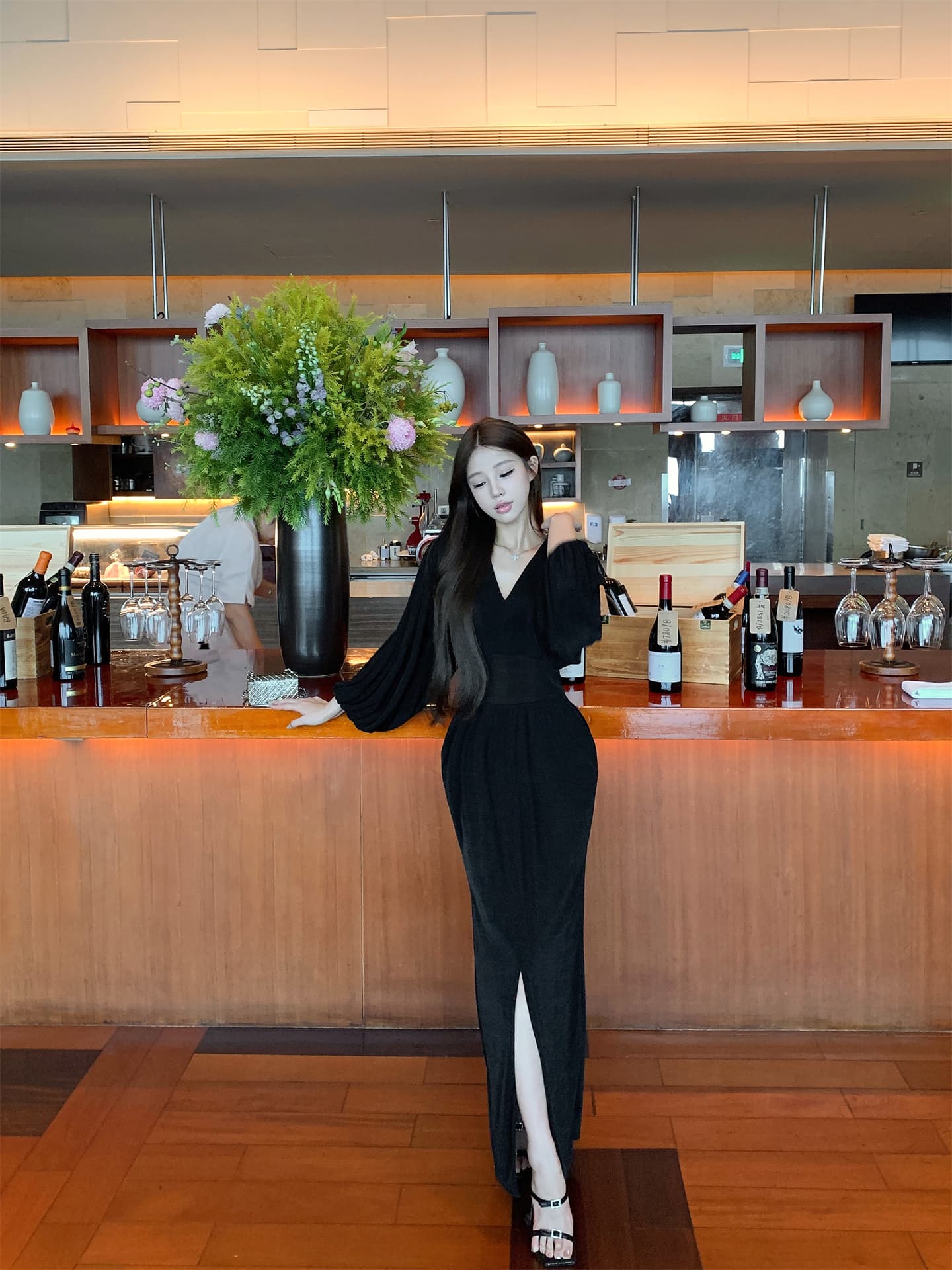 실사 이른 가을 로얄 자매 맨위 흐름 V넥 퍼프 소매 허리 Pleat Pleat 트임 높음 폭탄 망사 드레스 상세 이미지 10