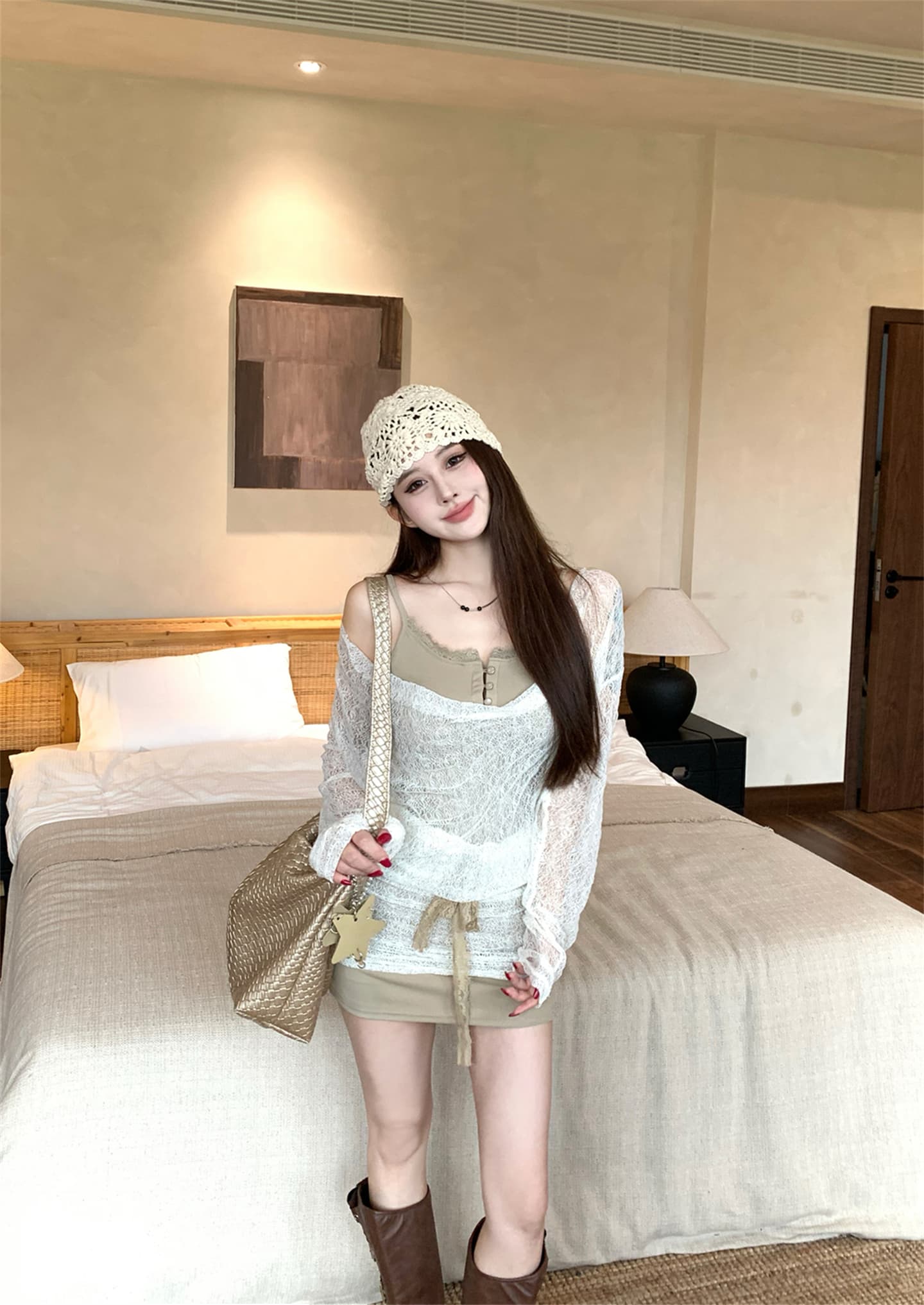 실사 디자인 레트로 분위기 센스 레이스 흔들다 칼라 페이크 레이어드 블라우스 치마 몸매 가꾸기 타이트 스커트 슬립 드레스 이미지 2