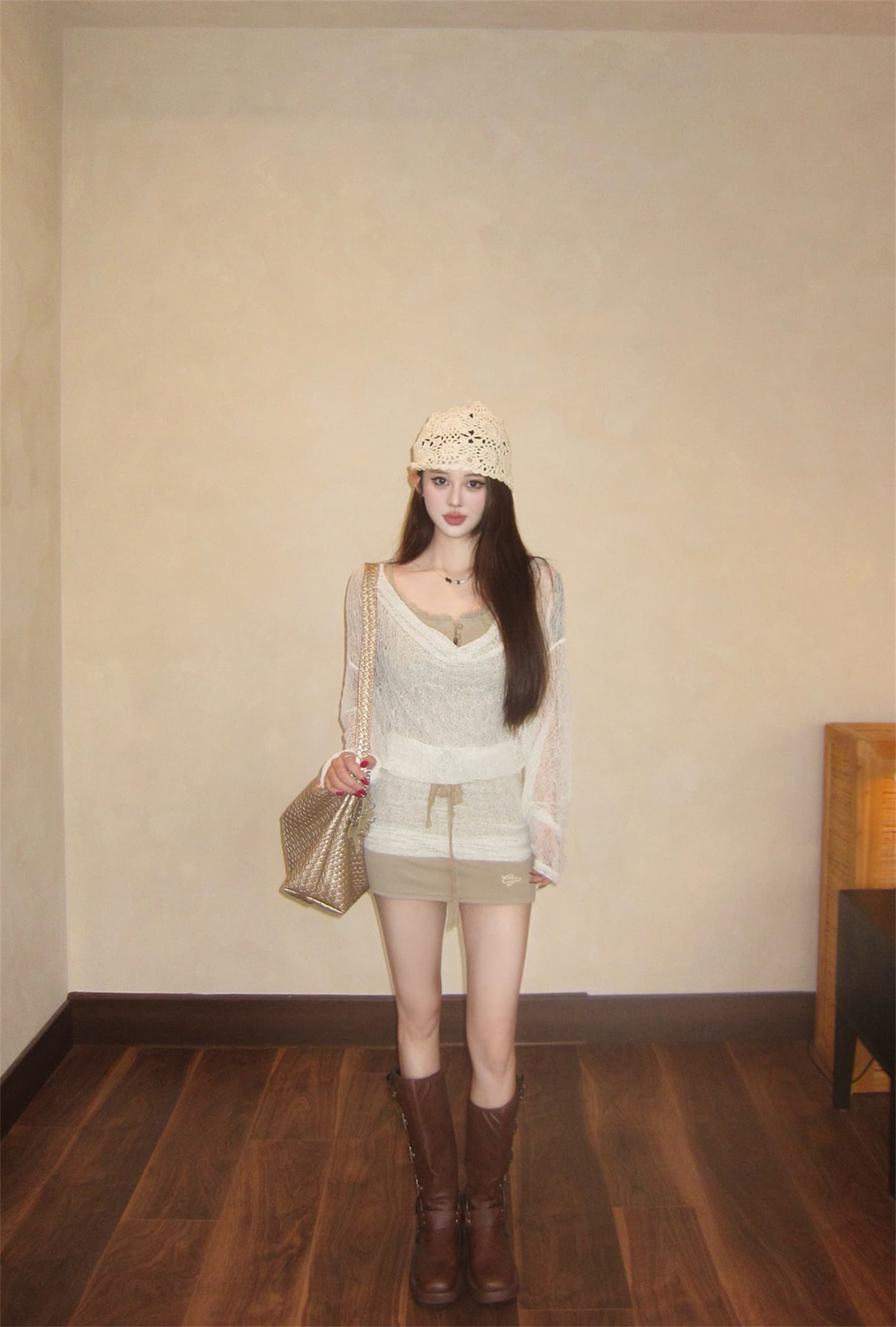 실사 디자인 레트로 분위기 센스 레이스 흔들다 칼라 페이크 레이어드 블라우스 치마 몸매 가꾸기 타이트 스커트 슬립 드레스 이미지 3