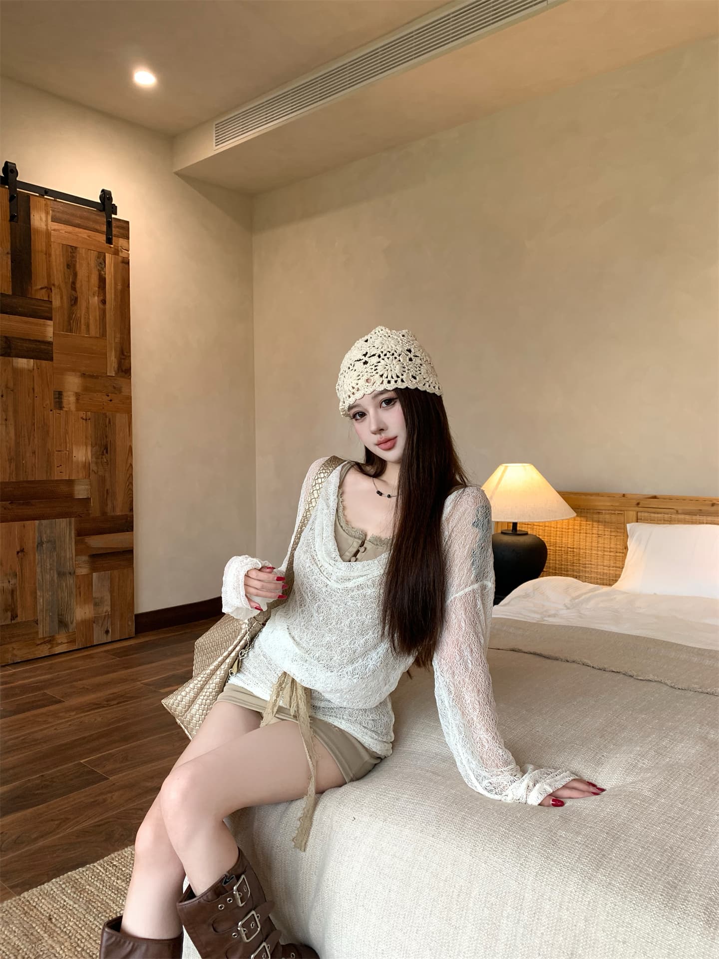 실사 디자인 레트로 분위기 센스 레이스 흔들다 칼라 페이크 레이어드 블라우스 치마 몸매 가꾸기 타이트 스커트 슬립 드레스 상세 이미지 7