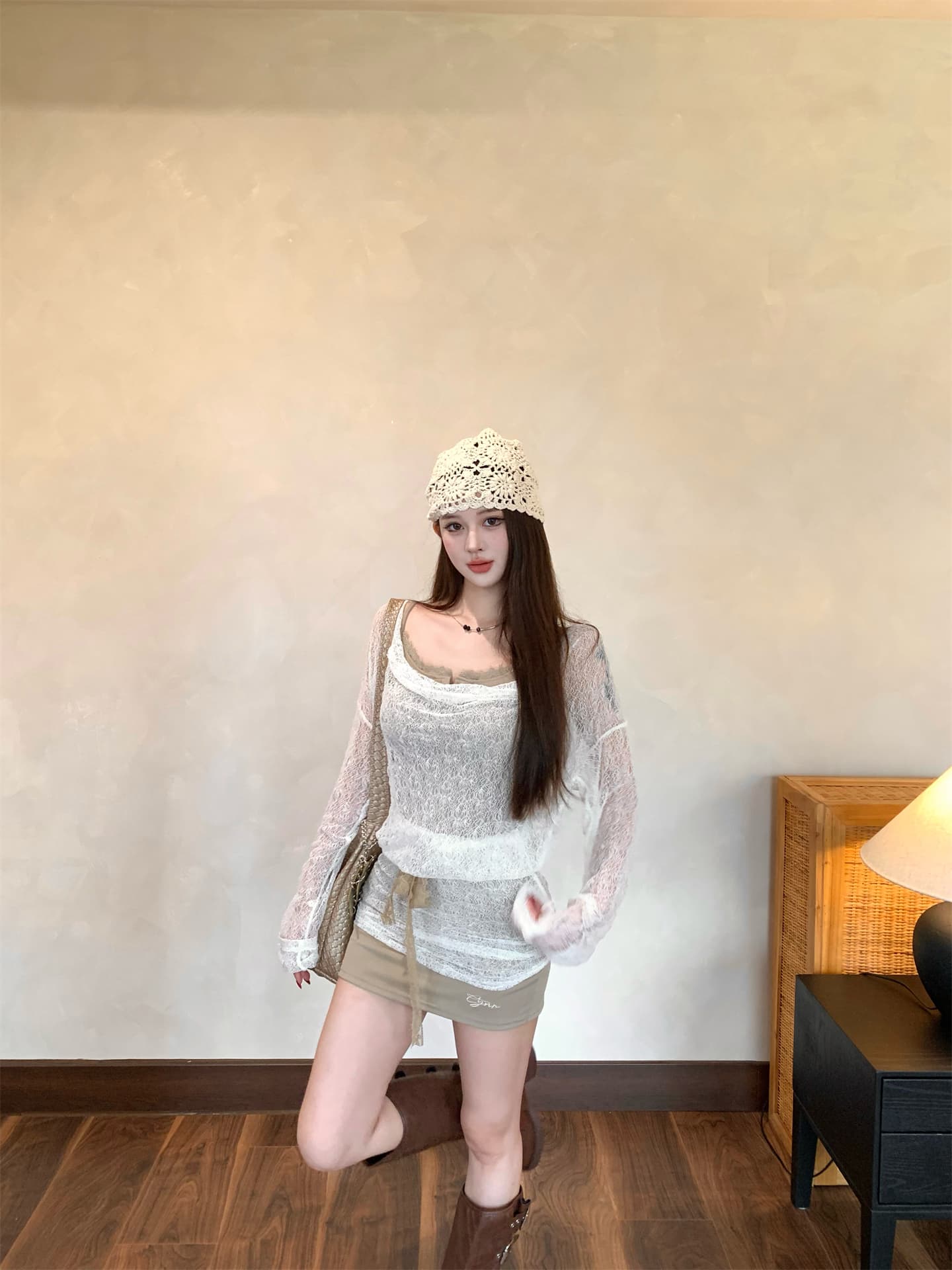 실사 디자인 레트로 분위기 센스 레이스 흔들다 칼라 페이크 레이어드 블라우스 치마 몸매 가꾸기 타이트 스커트 슬립 드레스 상세 이미지 10