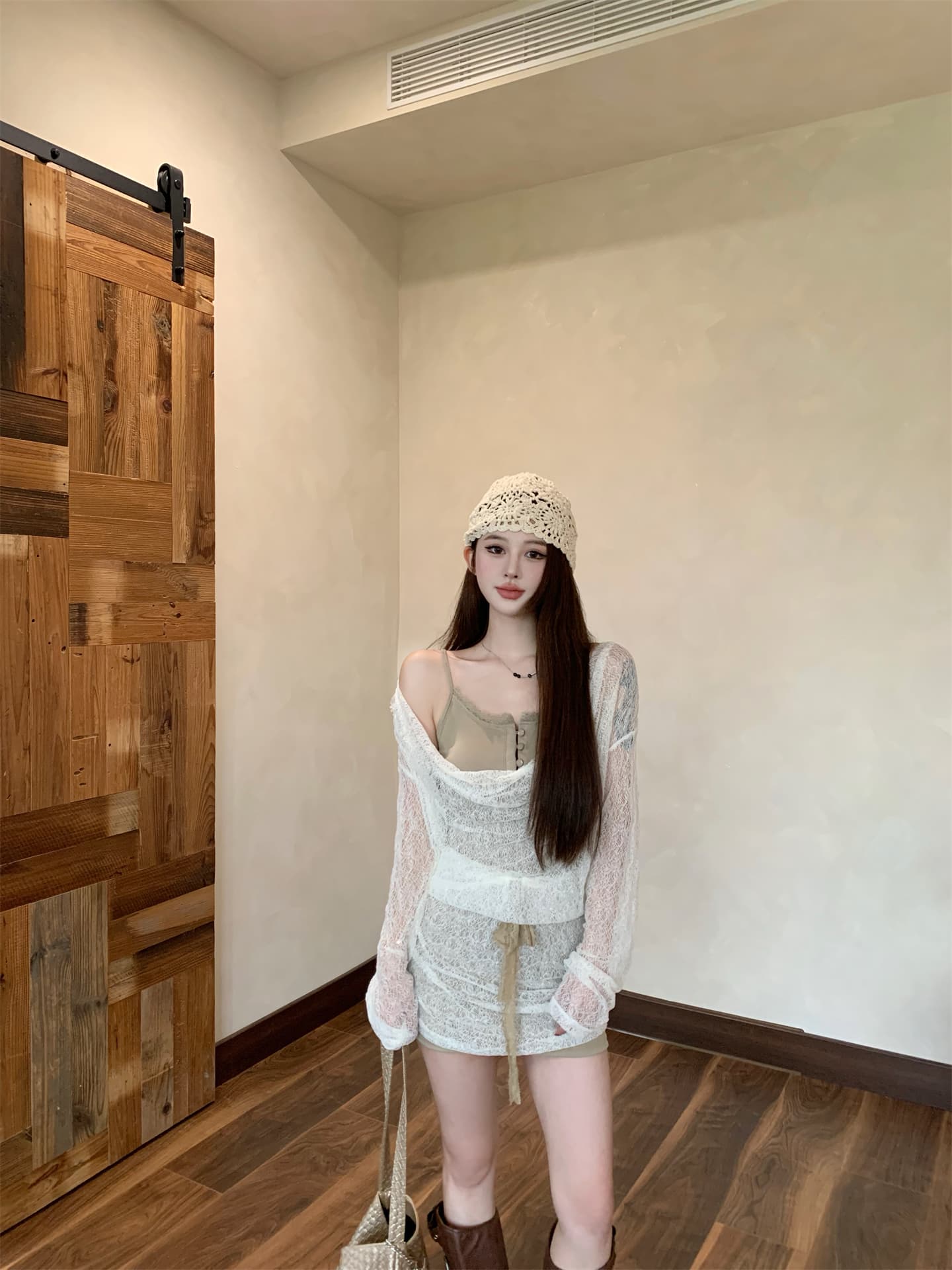 실사 디자인 레트로 분위기 센스 레이스 흔들다 칼라 페이크 레이어드 블라우스 치마 몸매 가꾸기 타이트 스커트 슬립 드레스 상세 이미지 13