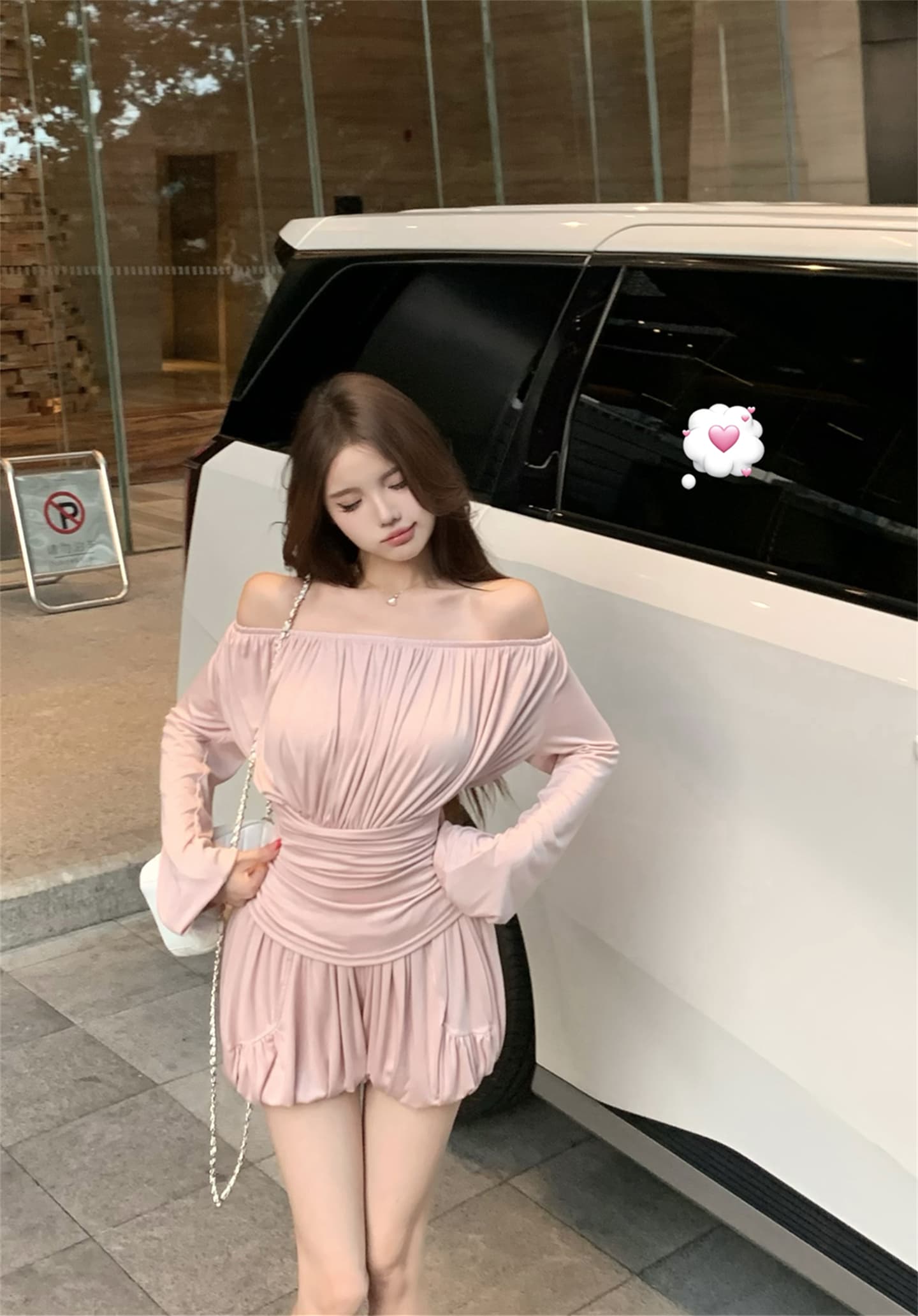 실사 이른 가을 우유 피부 세트 맨위 오프숄더 티셔츠 반바지 투피스 세트
